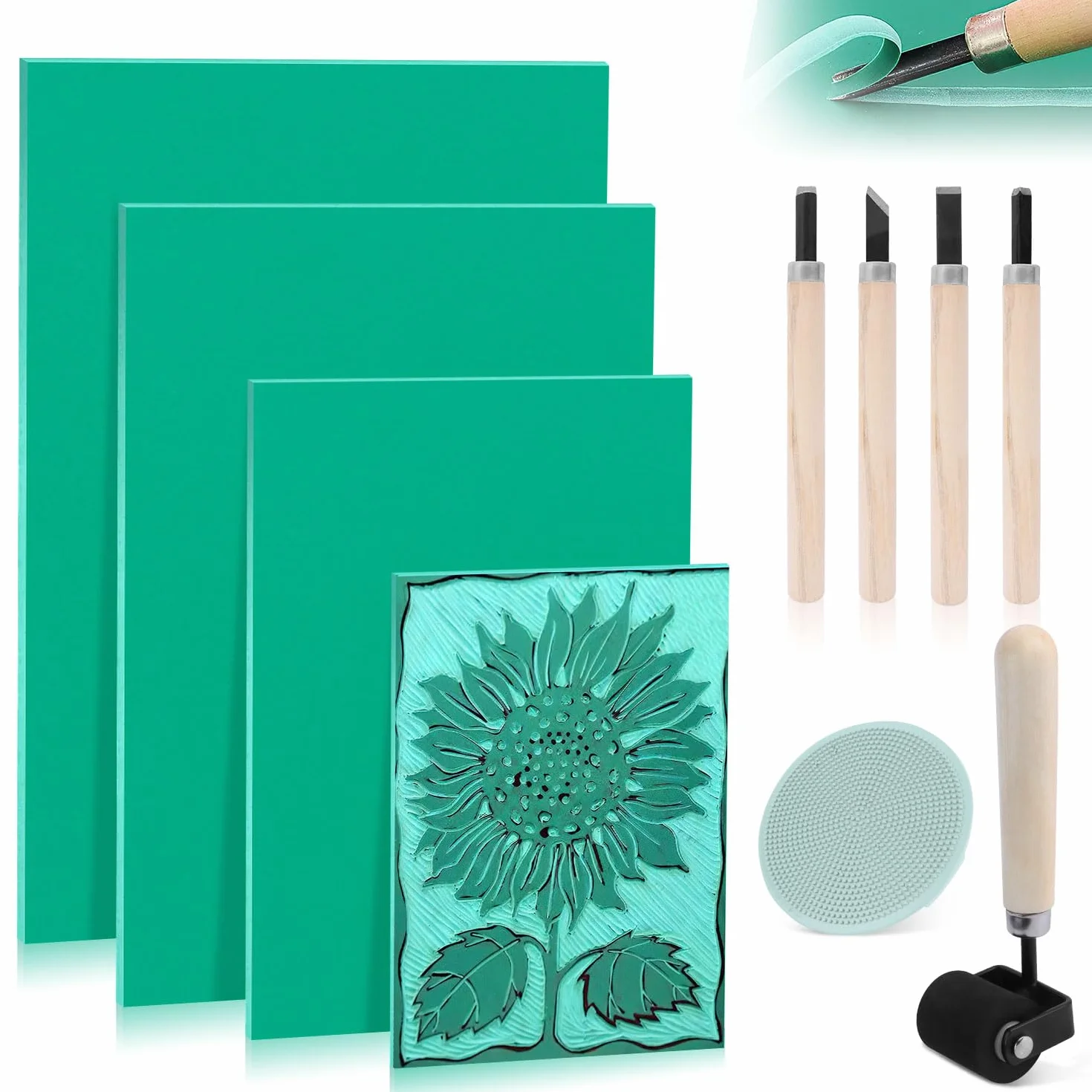 Linoleum per Incisione 10pcs Set A3 A4 A5 A6 Lastra Gomma Morbida con Rullo per Inchiostro per Timbri