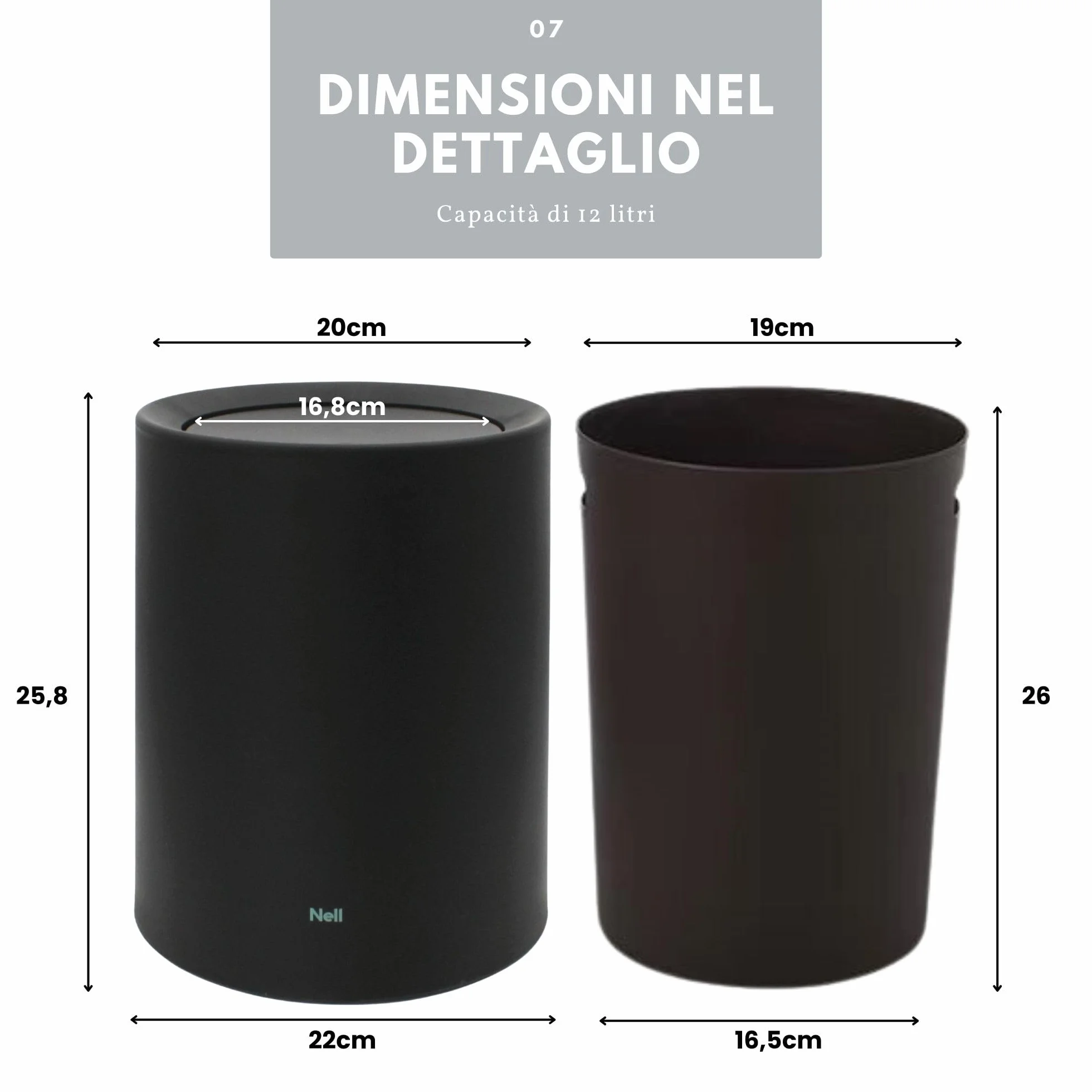 Nell Pattumiera da Ufficio 8L Nero Opaco Coperchio Basculante Cestino Gettacarte Plastica Resistente