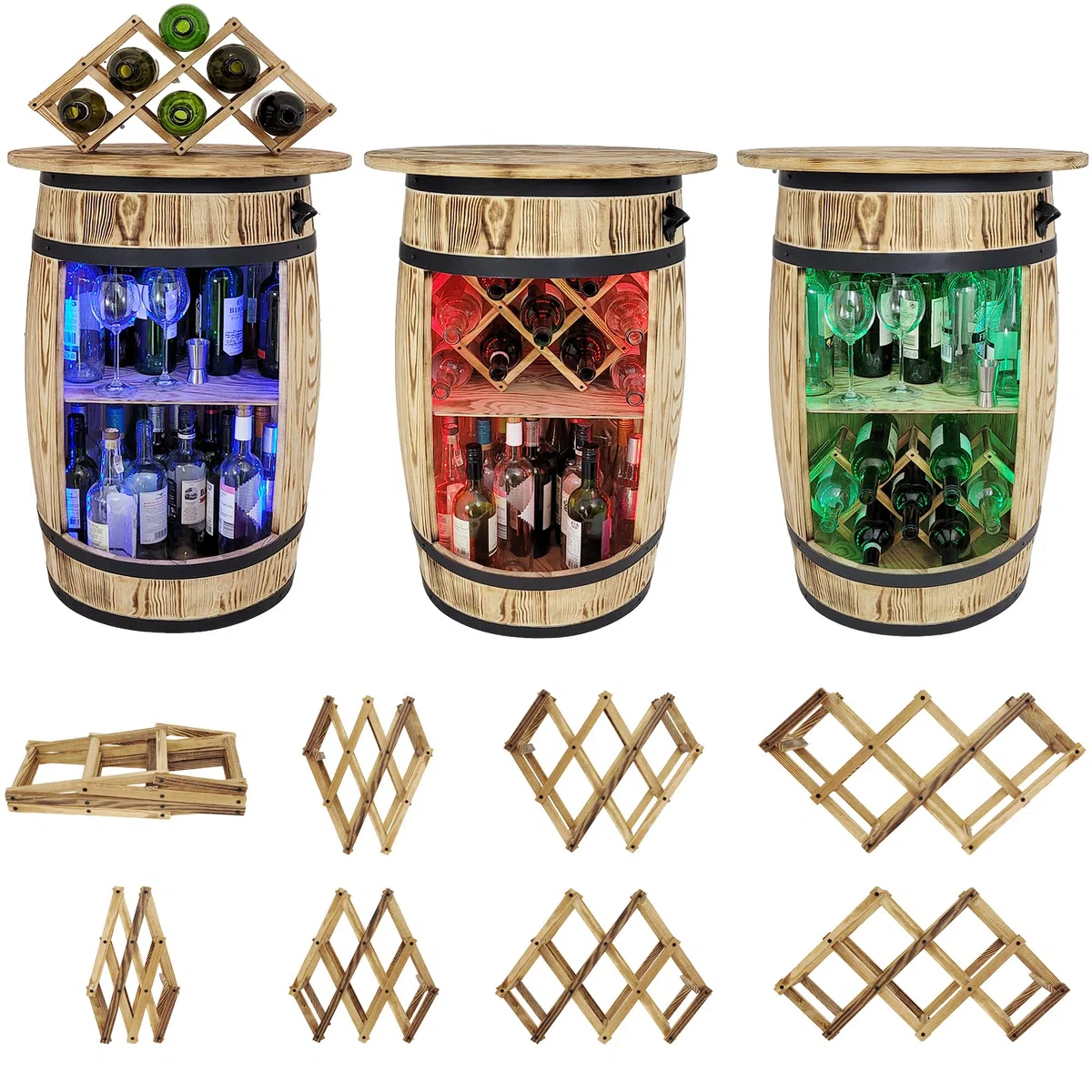 weeco Barile bar con coperchio e luci LED RGB e portabottiglie – supporto decorativo – tavolo da bar – tavolo da bar – barile in legno – tavolo da 80 x 50 cm