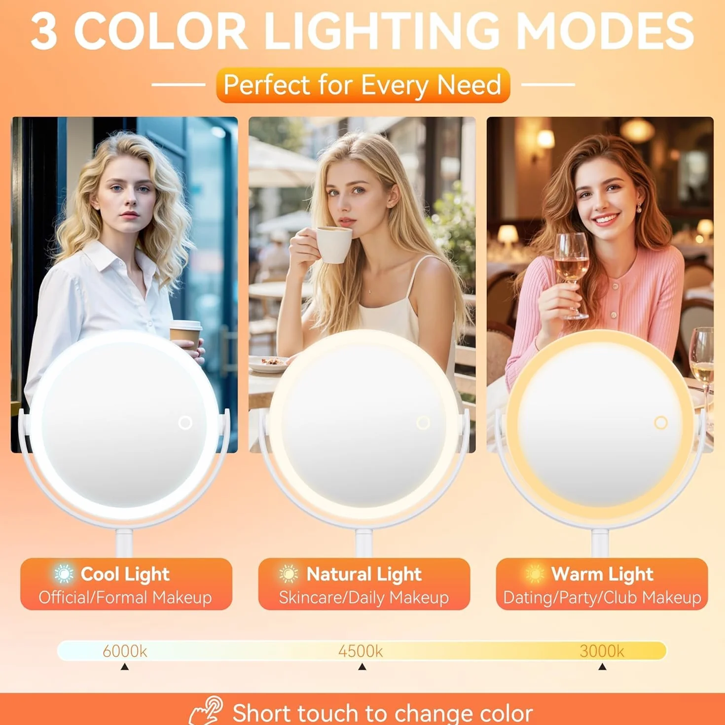 Auxmir Specchio Trucco con Luci 30X/1X Bifacciale, Specchio Ingranditore 8", Specchio da Tavolo Ricaricabile 2000mAh, 3 Colori di Luci 64 LED Rotazione a 360° Smontabile per Camera da Letto, Viaggio