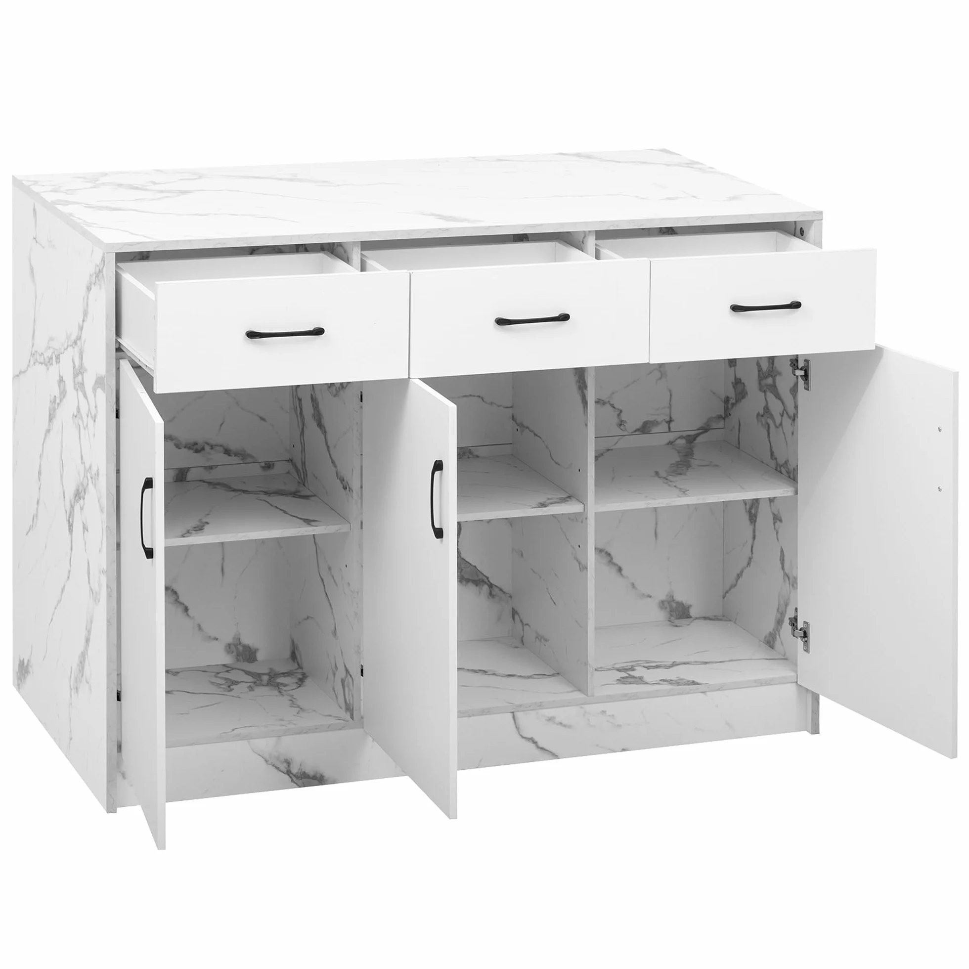 Grande isola da cucina 120 x 60 x 90,5 cm, 3 cassetti e 3 ante, design in marmo bianco, ripiani regolabili, cassetti silenziosi, design zona bar - Utensili da cucina eleganti e pratici