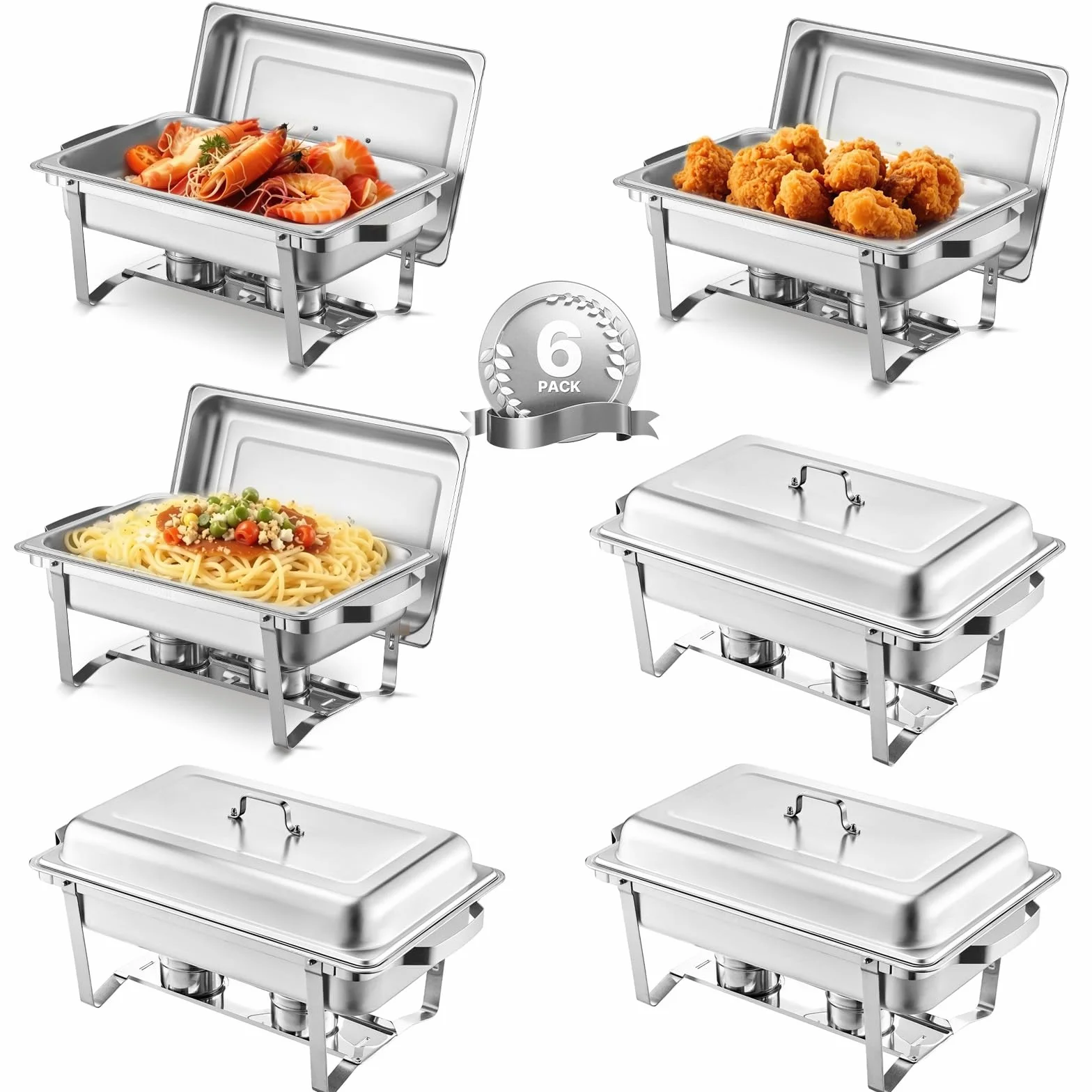 VEVOR Set da Buffet per Scaldavivande 7,5 L Scaldavivande Rettangolare in Acciaio Inox, 6 Pezzi, con 6 Padelle di Dimensioni Standard, Coperchio Supporto per Padella per Acqua e Carburante, Argento