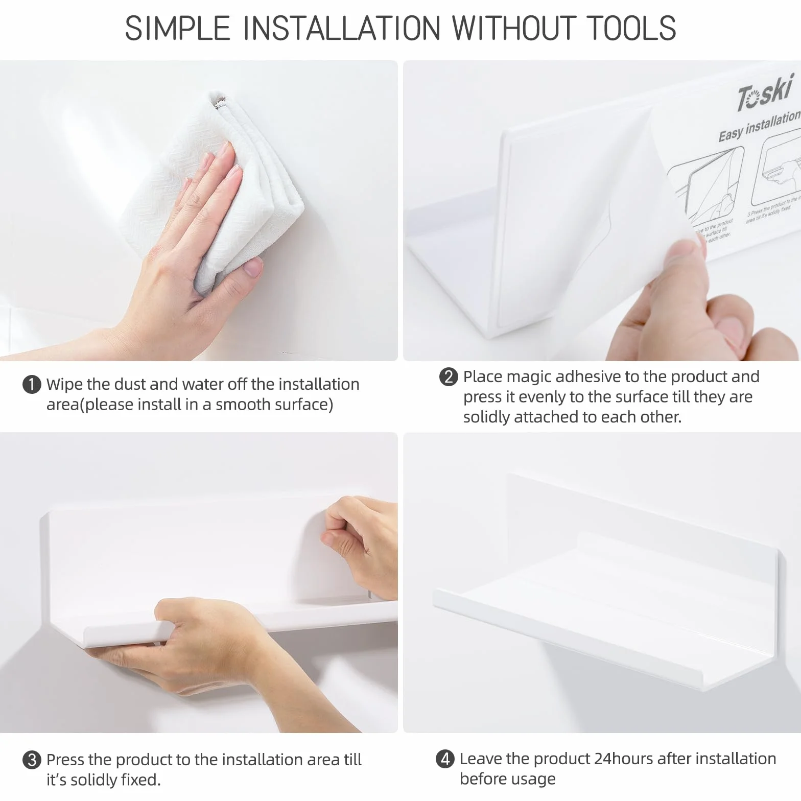 Toski Mensole Senza Foratura in Acrilico 2 Pezzi, L30 x P10 cm, Bianco per Bagno Cucina Salotto