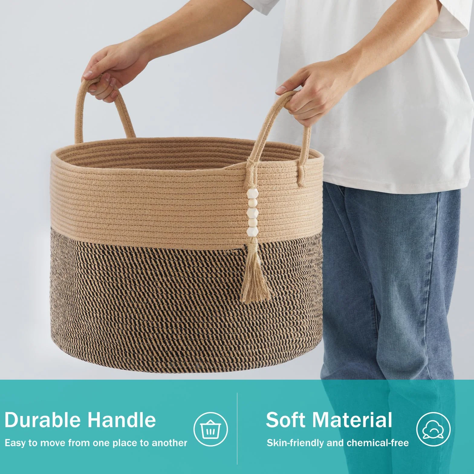 YOUDENOVA Cesto portabiancheria in legno con perline decorative, cestino portaoggetti per bambini, cesto per coperte in corda di cotone grande