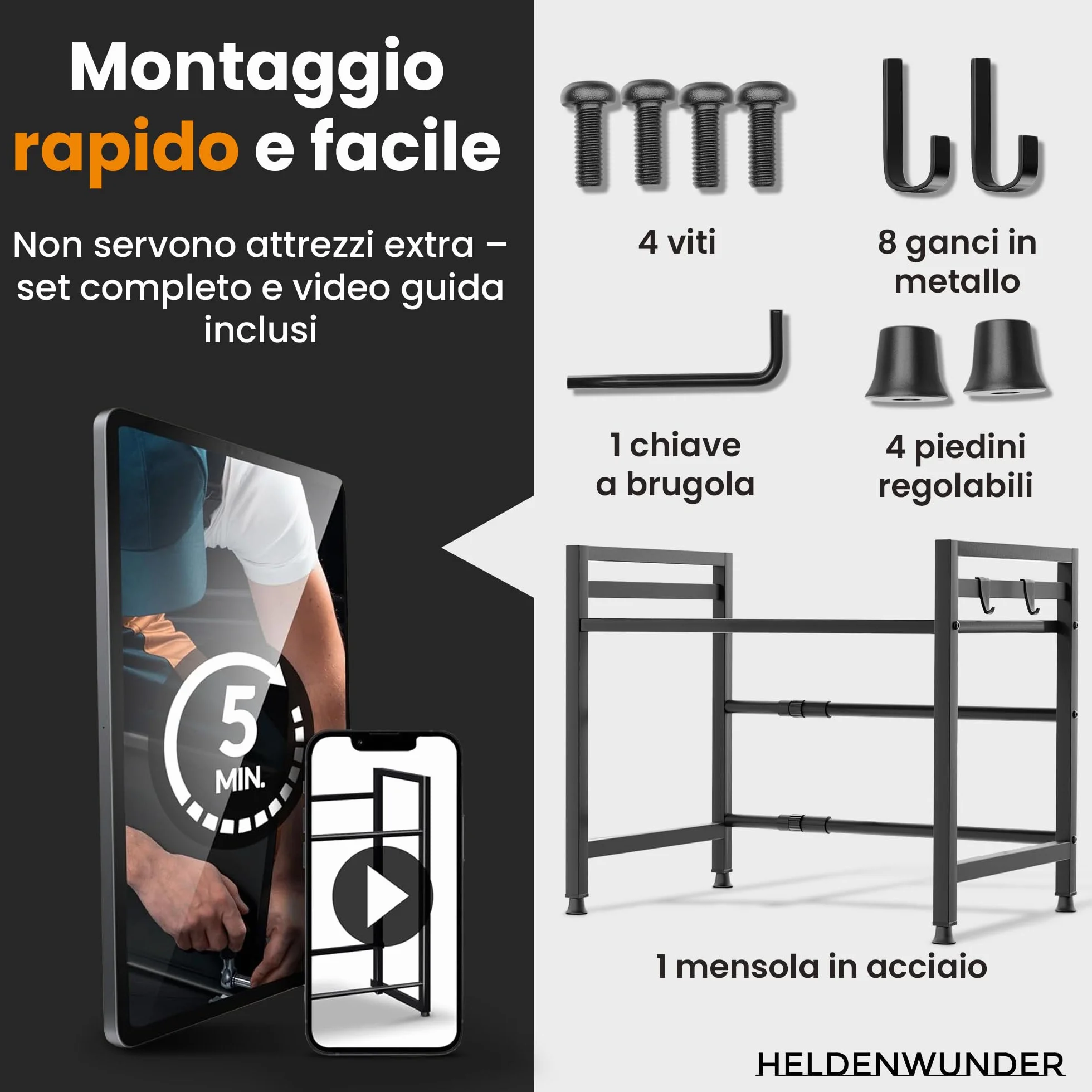 Heldenwunder Mensola Mobile Cucina Salvaspazio Acciaio 2 Ripiani Organizer Forno Mobiletto Supporto Microonde Regolabile Nero
