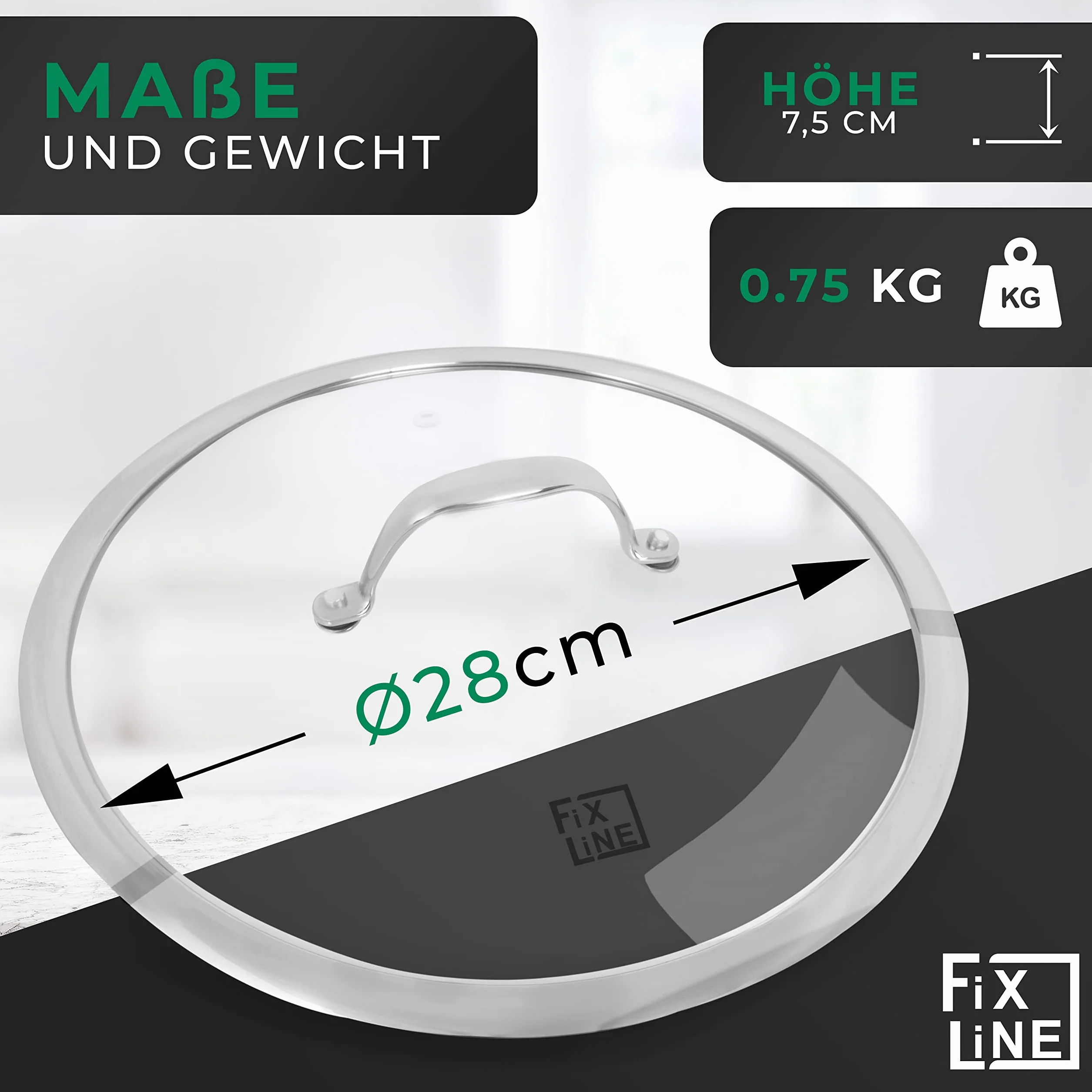 FIXLINE® Coperchio in vetro 28 cm – Coperchio universale in vetro temperato con uscita vapore e bordo in acciaio inox – Coperchio per padella e coperchio adatto per padelle e pentole Ø 28 cm