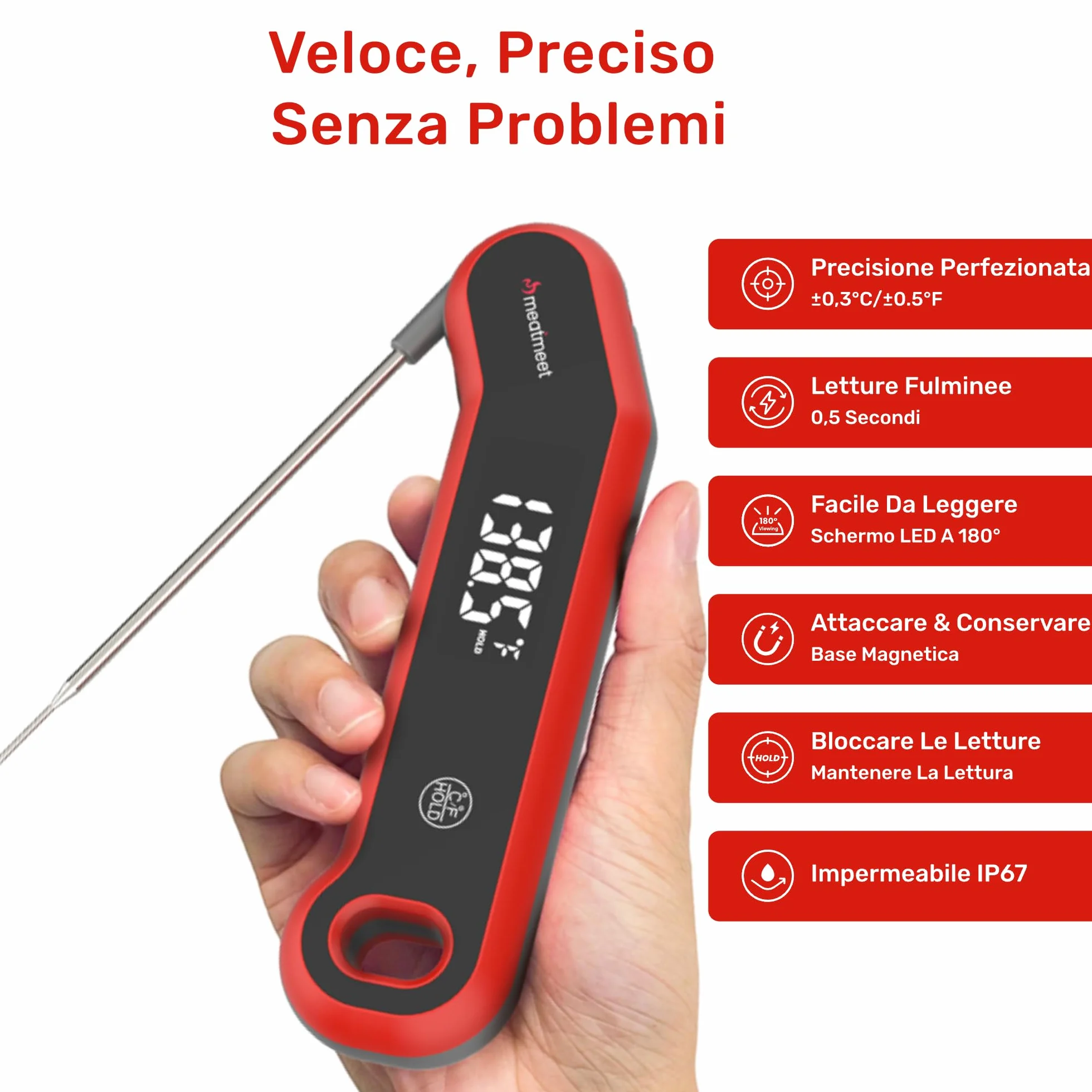 Termometro da Cucina Digitale IP67 Lettura Ultra-Rapida 0.5 Secondi Precisione ±0,3°C Display LED Girevole Automatico