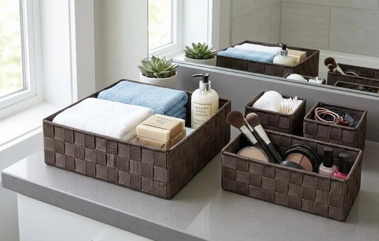 OCEANO Set 4 Cestini Portaoggetti Intrecciati Organizer Bagno Salvaspazio Marrone