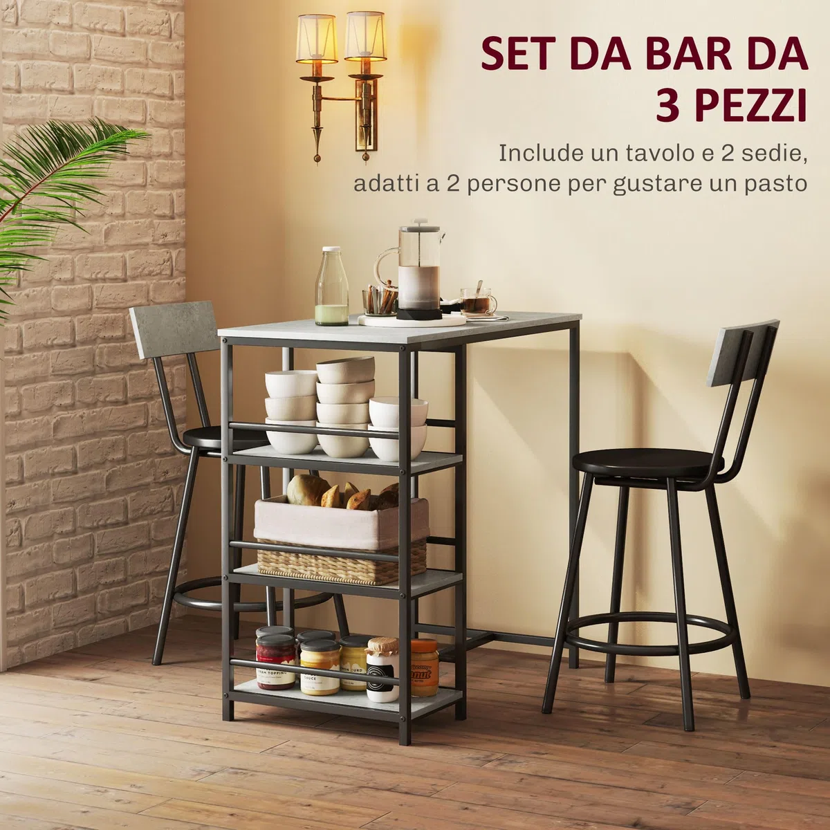 HOMCOM Set Tavolo Bar con 2 Sgabelli, Bancone Bar con 3 Ripiani, Tavolo Alto con Sgabelli Bar con Schienale, Tavolino Bar per Pranzo, Soggiorno e Cucina, Grigio Chiaro