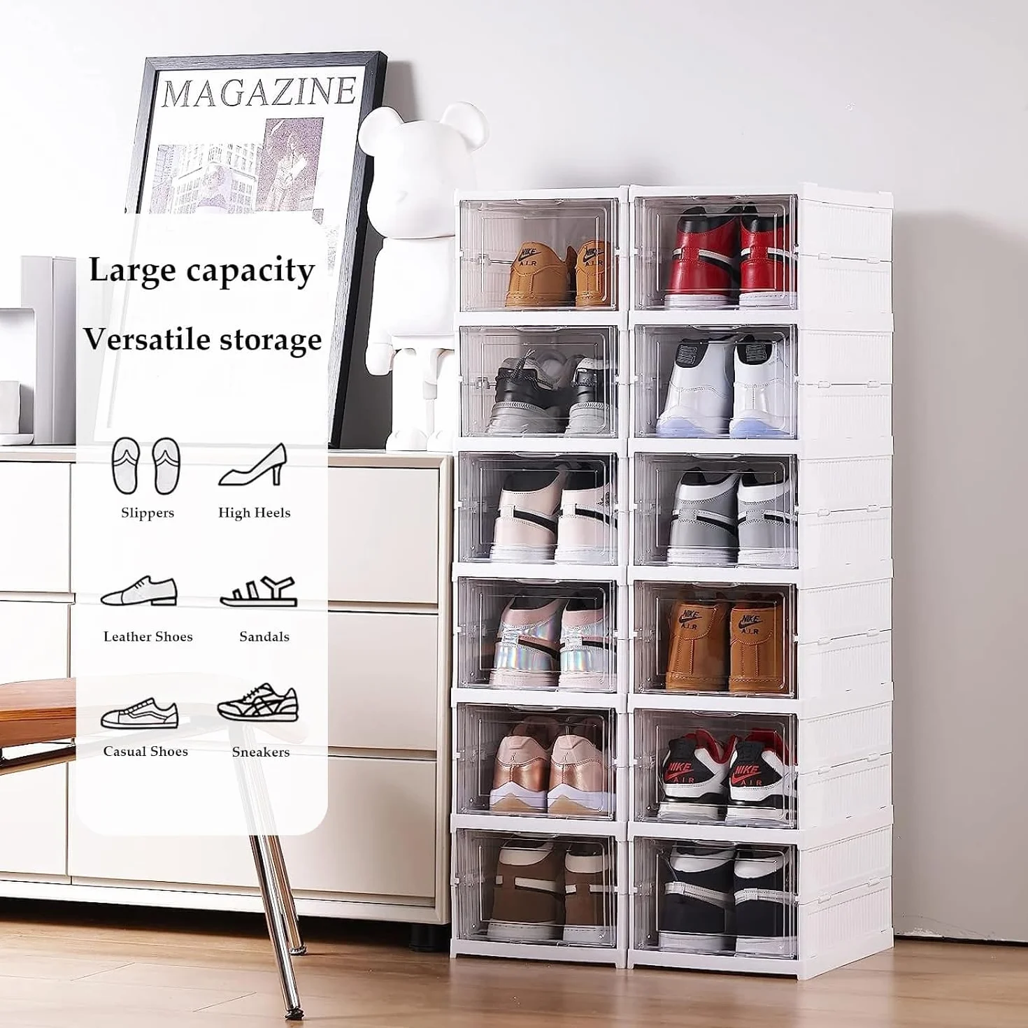 SQUADO Scatole Scarpe Porta Trasparenti 6 Piani Pieghevole Contenitori Organizzatore Shoe Storage Box