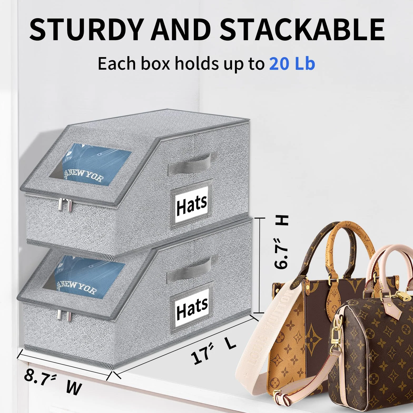 Organizer per cappelli da baseball, 2 pezzi, impilabili, con coperchio trasparente, cassetto e accesso flip-top, scatola per cappelli salvaspazio per armadio, tessuto traspirante, beige