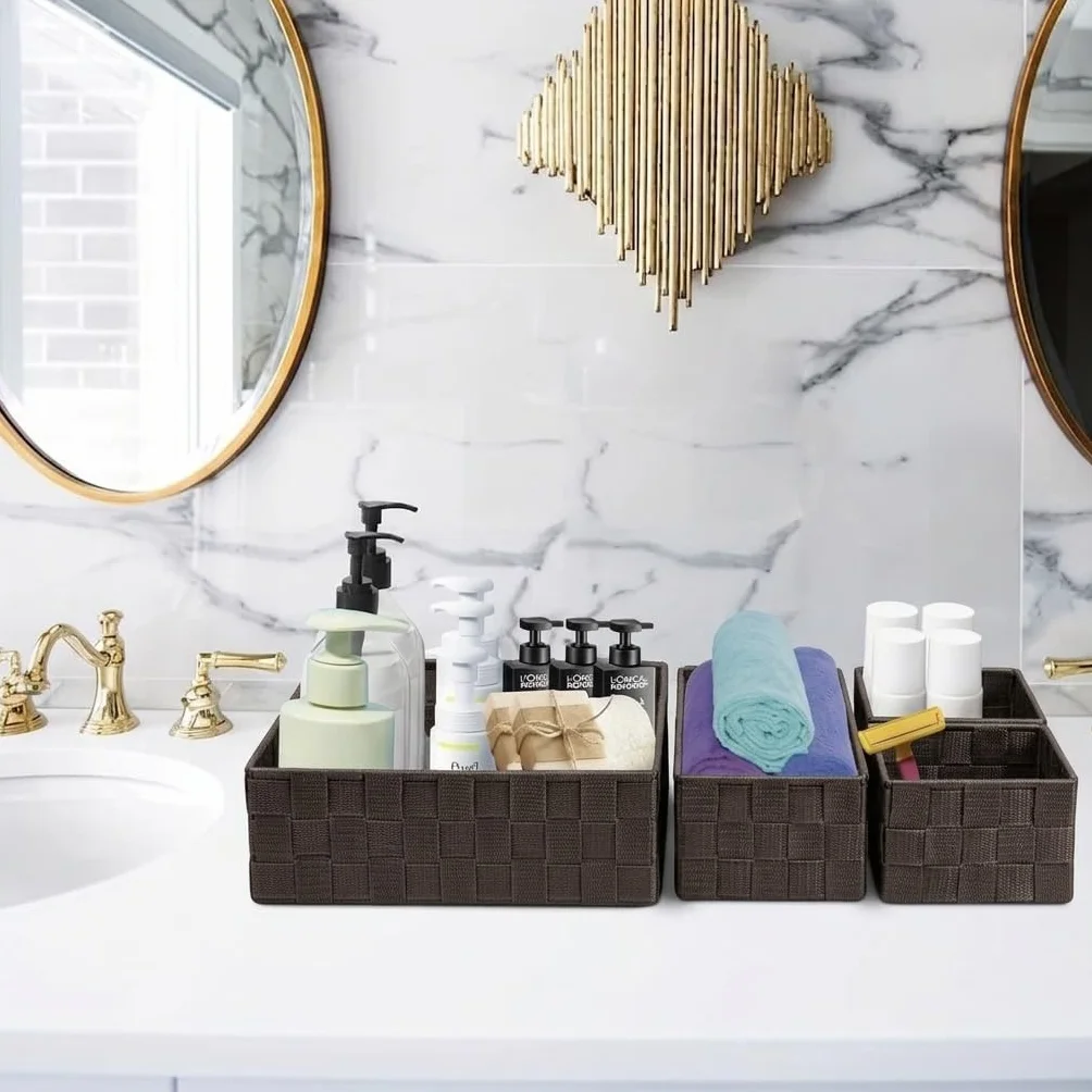 OCEANO Set 4 Cestini Portaoggetti Intrecciati Organizer Bagno Salvaspazio Marrone