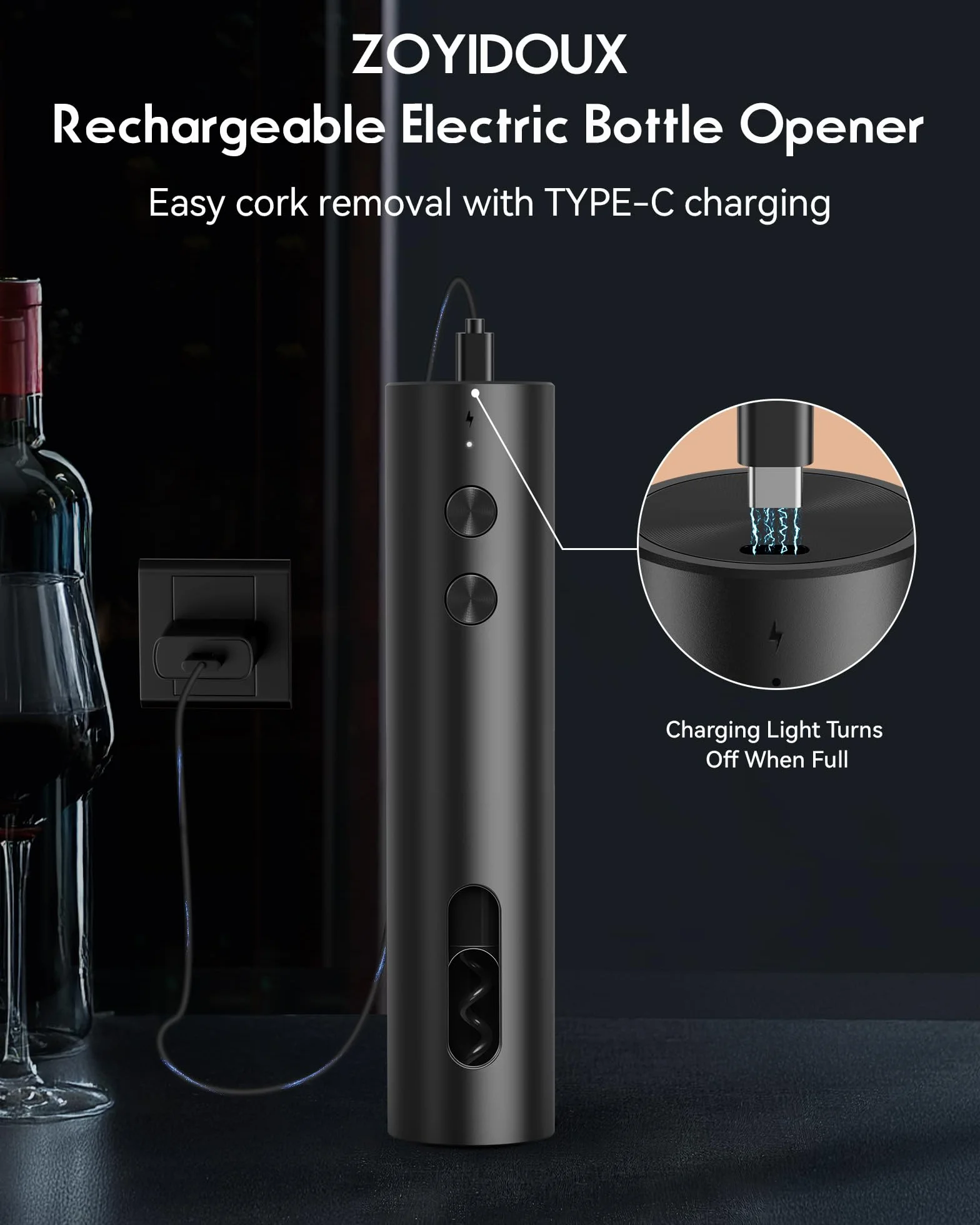ZOYIDOUX Apribottiglie elettrico ricaricabile USB-C Cavatappi nero opaco portatile