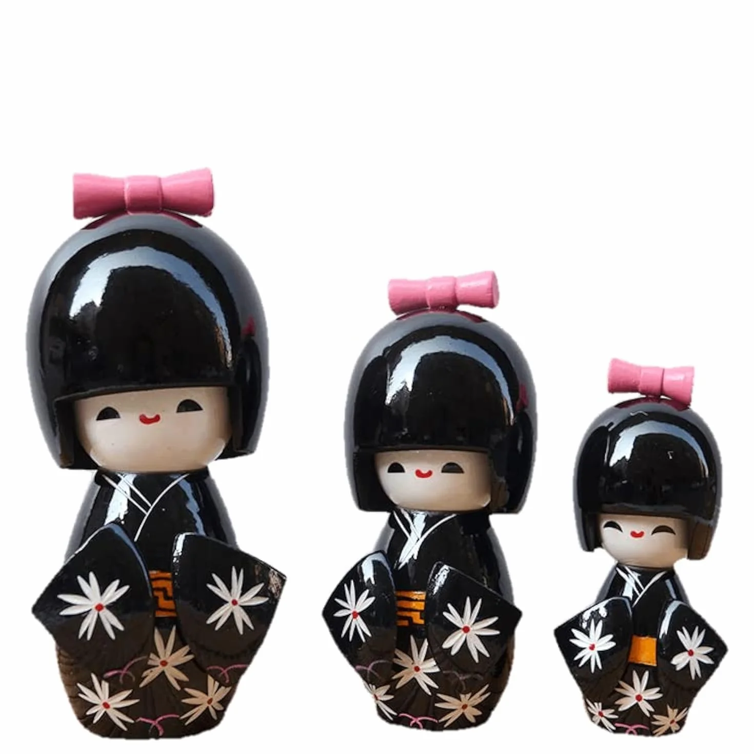 Bambole Kokeshi giapponesi in legno fatte a mano set di 3 nero decorazione casa regalo