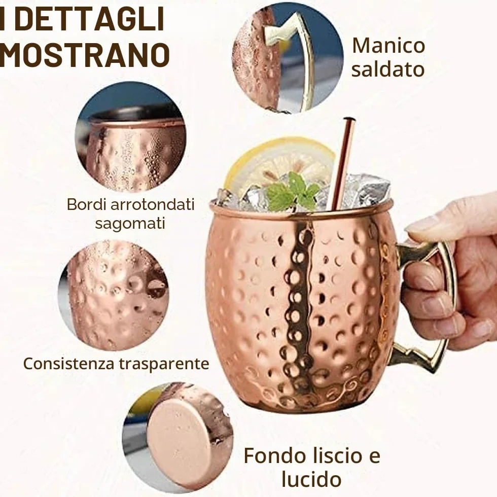 Set di 2 tazze per Moscow Mule in rame 532 ml acciaio inossidabile martellate cocktail