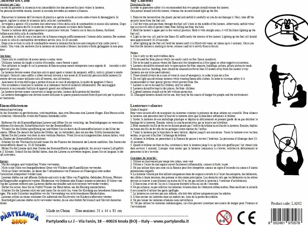 Lanterna Cinese Biodegradabile Mongolfiera Volante PARTYLANDIA CF 10pz Sky Lantern