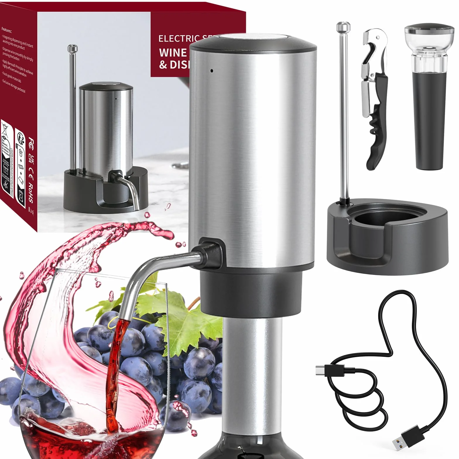 CIRCLE JOY Aeratore Elettrico per Vino Decanter Ricaricabile con Base di Conservazione Cavatappi e Tappo Sottovuoto Argento