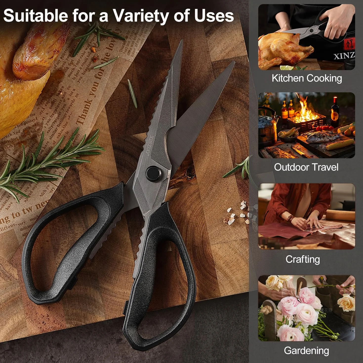 XINZUO Forbici da Cucina Professionali Acciaio Inox Rivestite in Titanio Nero Manico Antiscivolo