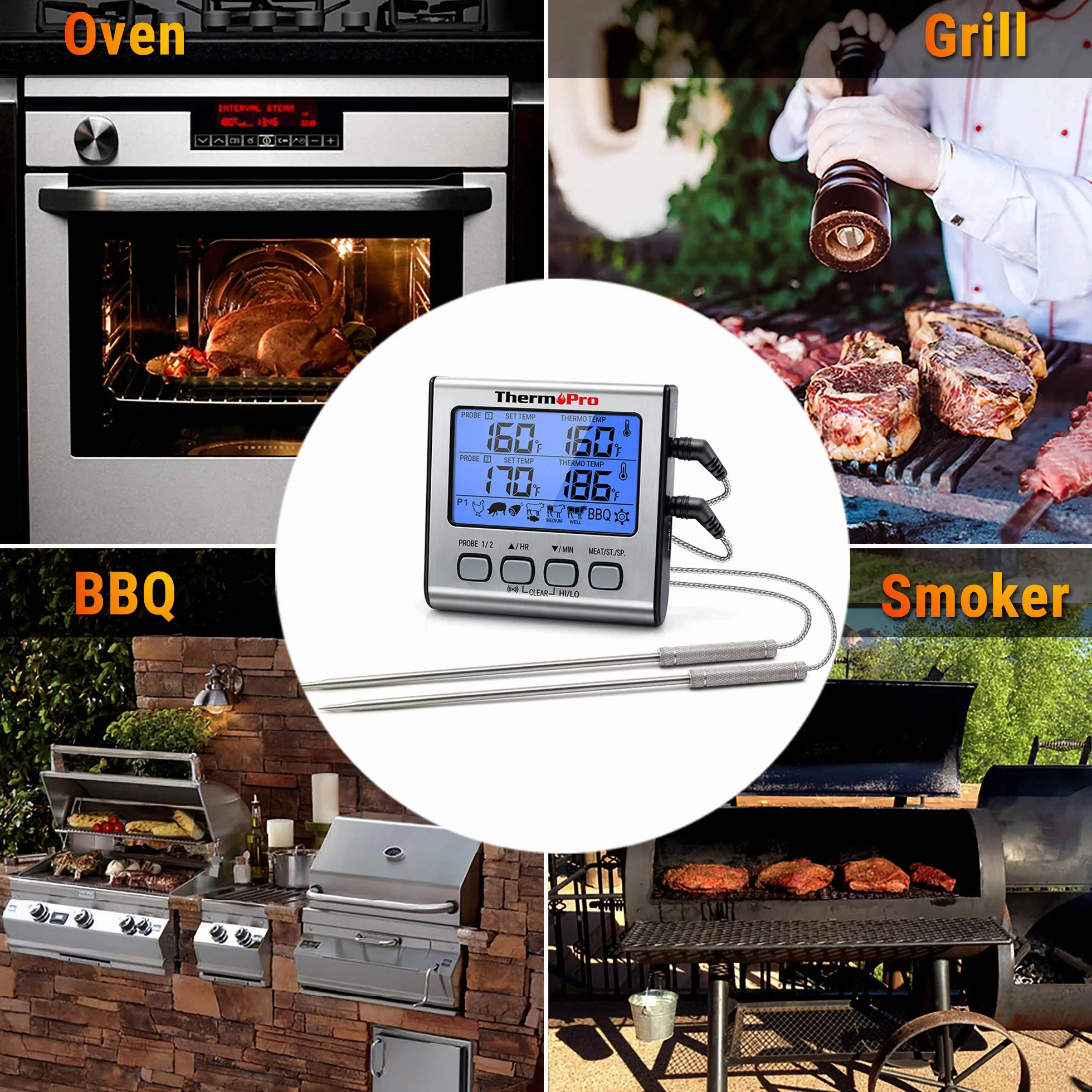 ThermoPro TP17 Termometro Cucina Digitale a Doppia Sonda con Timer LCD per BBQ Carne Forno Griglia