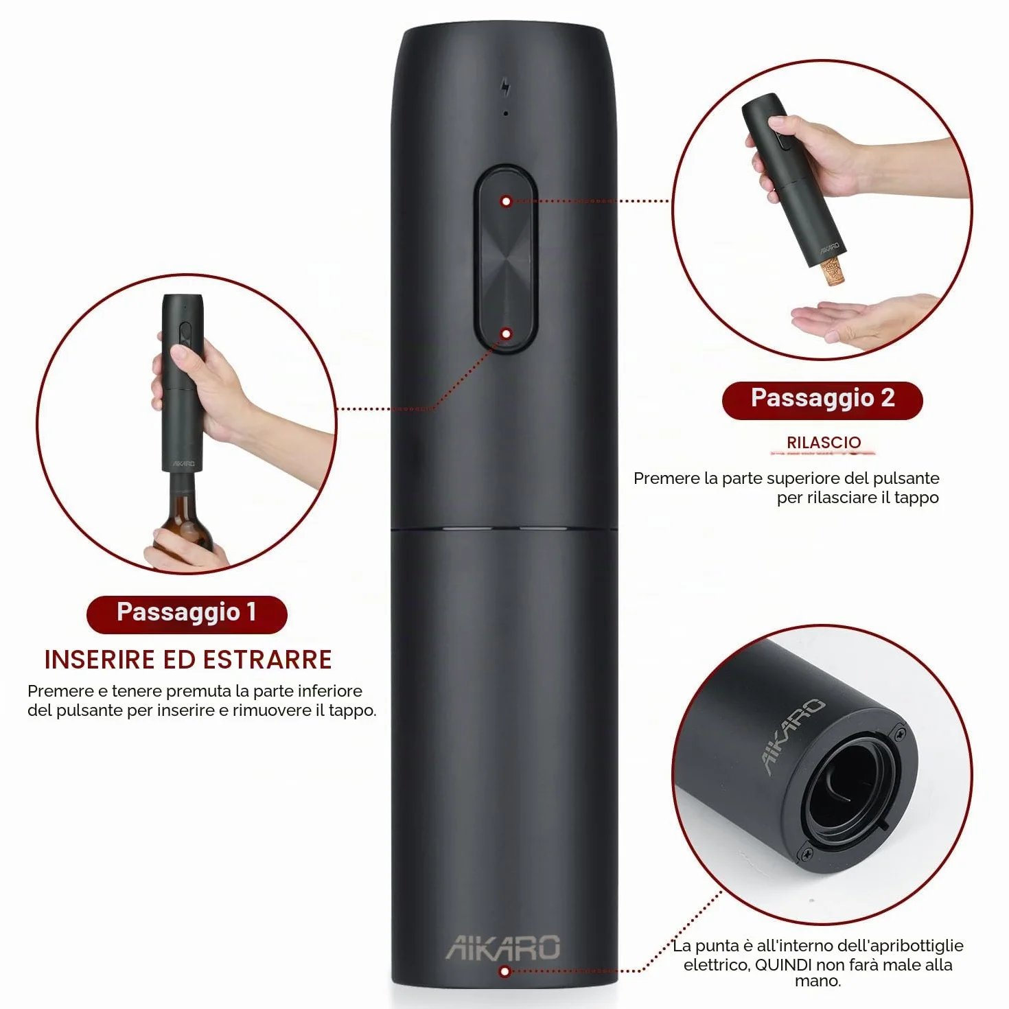 AIKARO Cavatappi Elettrico Automatico Ricaricabile per Vino