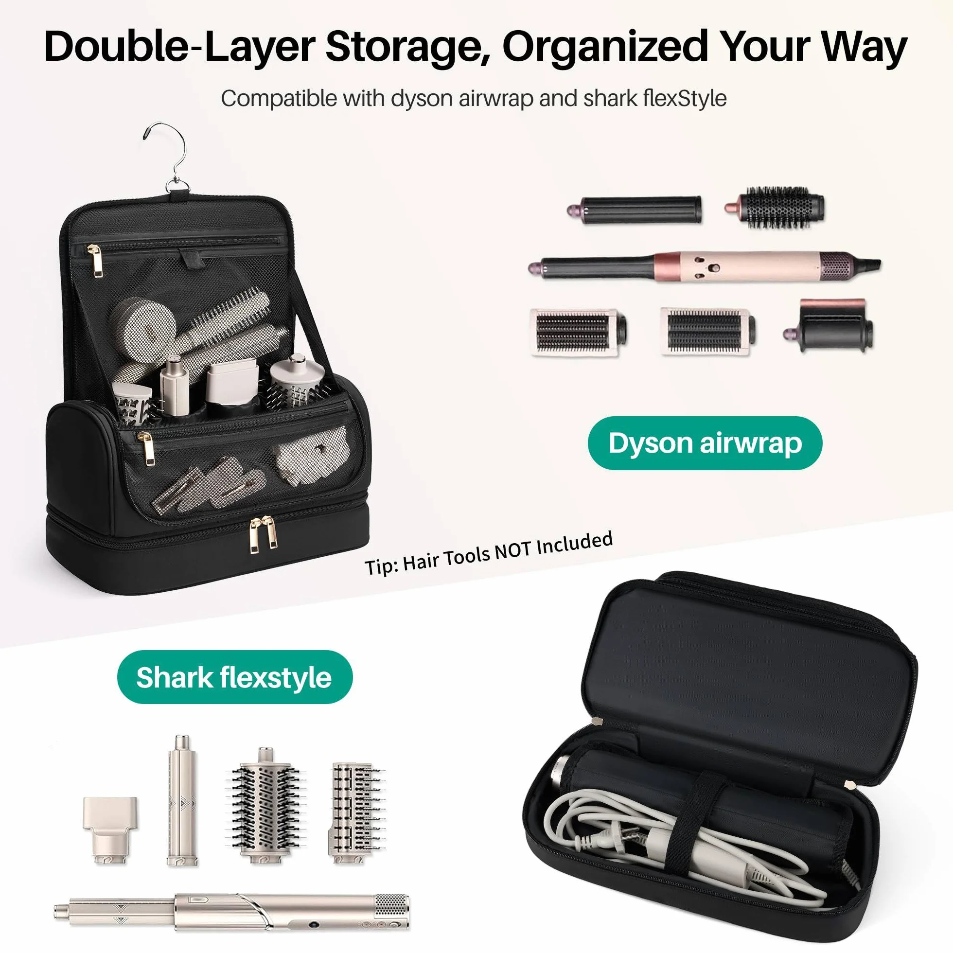 Custodia da viaggio da appendere per asciugacapelli, compatibile con Dyson Airwrap e Shark FlexStyle, borsa organizer idrorepellente con divisorio, beauty case da viaggio