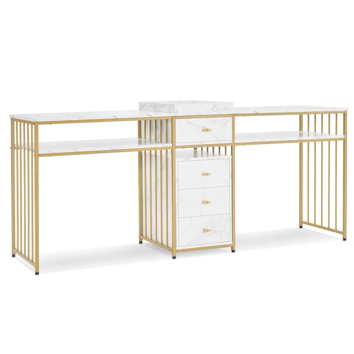 MCombo M tavolo per unghie doppio con cassetti, scrivania con ripiano, tavolo per manicure, toletta senza specchio soggiorno moderno, marmo-bianco-oro, 50 x 200 x 86cm, 2413
