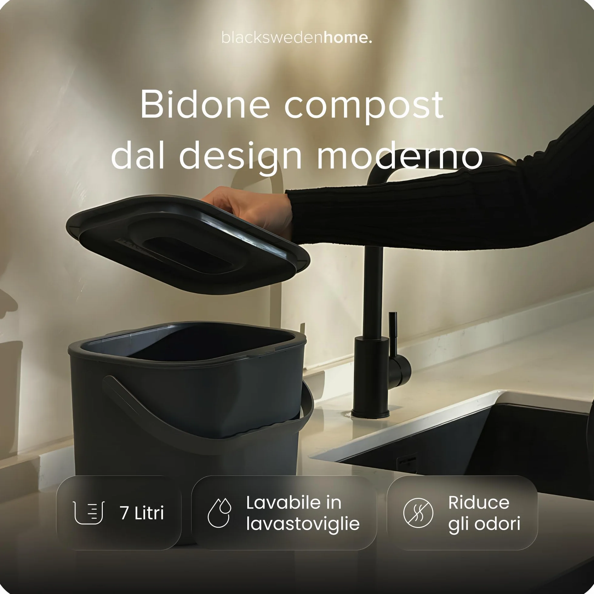 Black Sweden Home Bidone da Cucina Organico 7L per Compost- Secchio per Rifiuti Alimentari Inodore con Coperchio -Lavabile in Lavastoviglie & Ecologico- Organizer da Cucina per Uso Quotidiano | Grigio