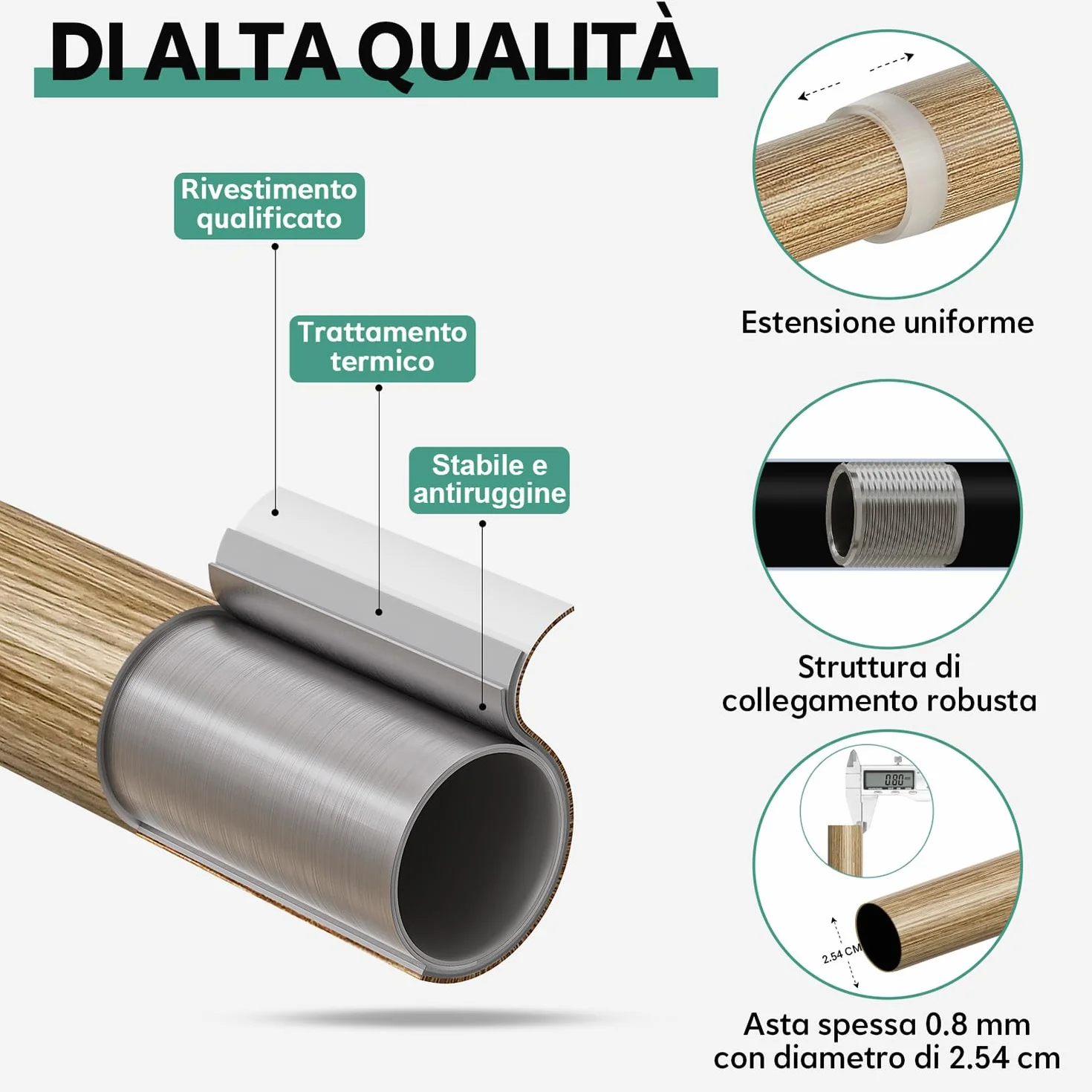 Bastone Tenda Effetto Legno Chiaro Asta Metallica Estensibile 80-218 cm Diametro 25 mm Alta Portanza Parete