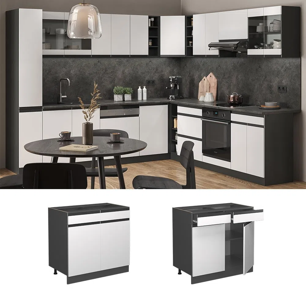 Vicco Mobiletto base per cucina R-Line, Bianco, 80 cm Forma a J, senza piano di lavoro, per la libera combinazione all'interno di sistemi cucina modulari