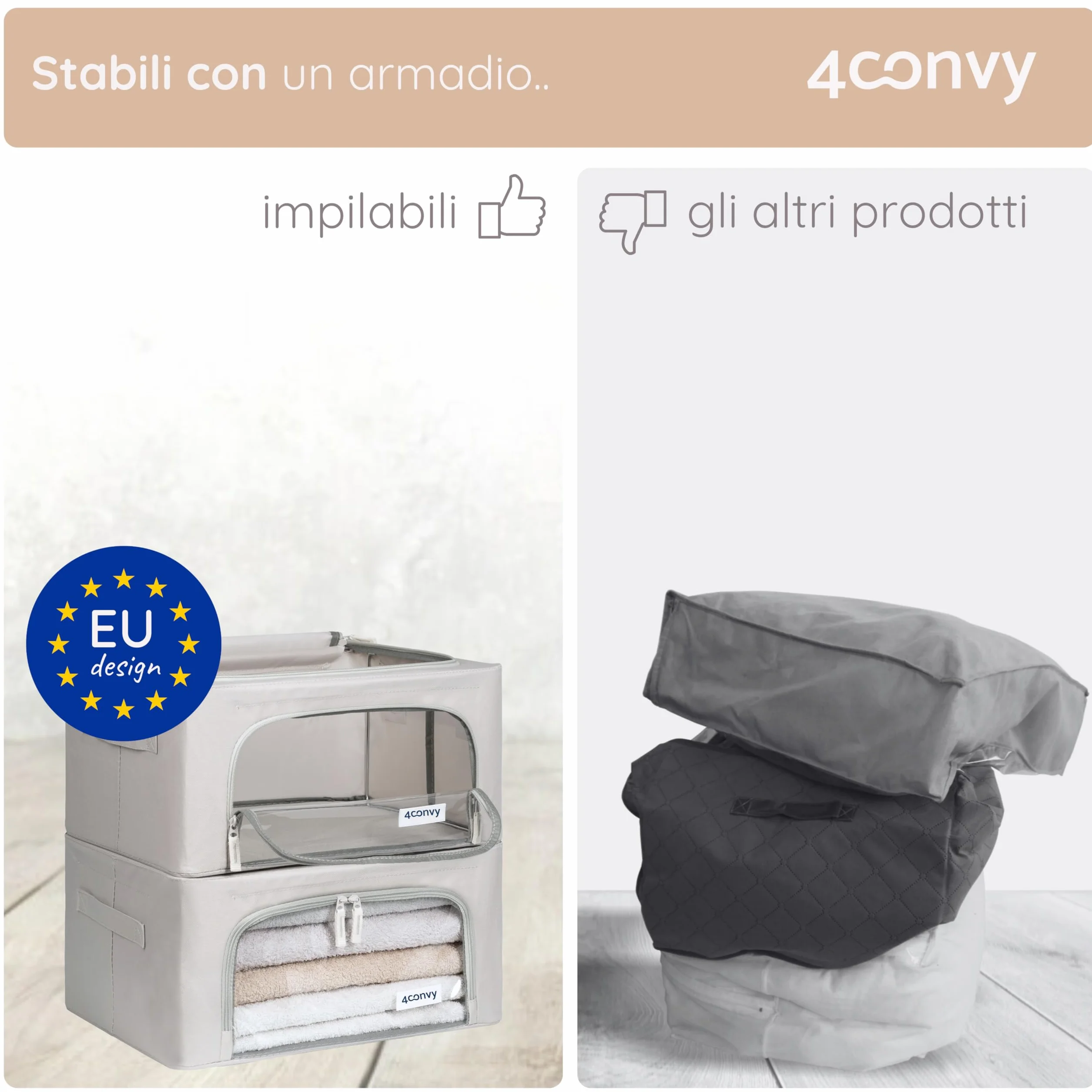 4CONVY Scatole Rigide per Armadio con Cerniera e Struttura in Metallo – Contenitori Impilabili Pieghevoli 2x24L