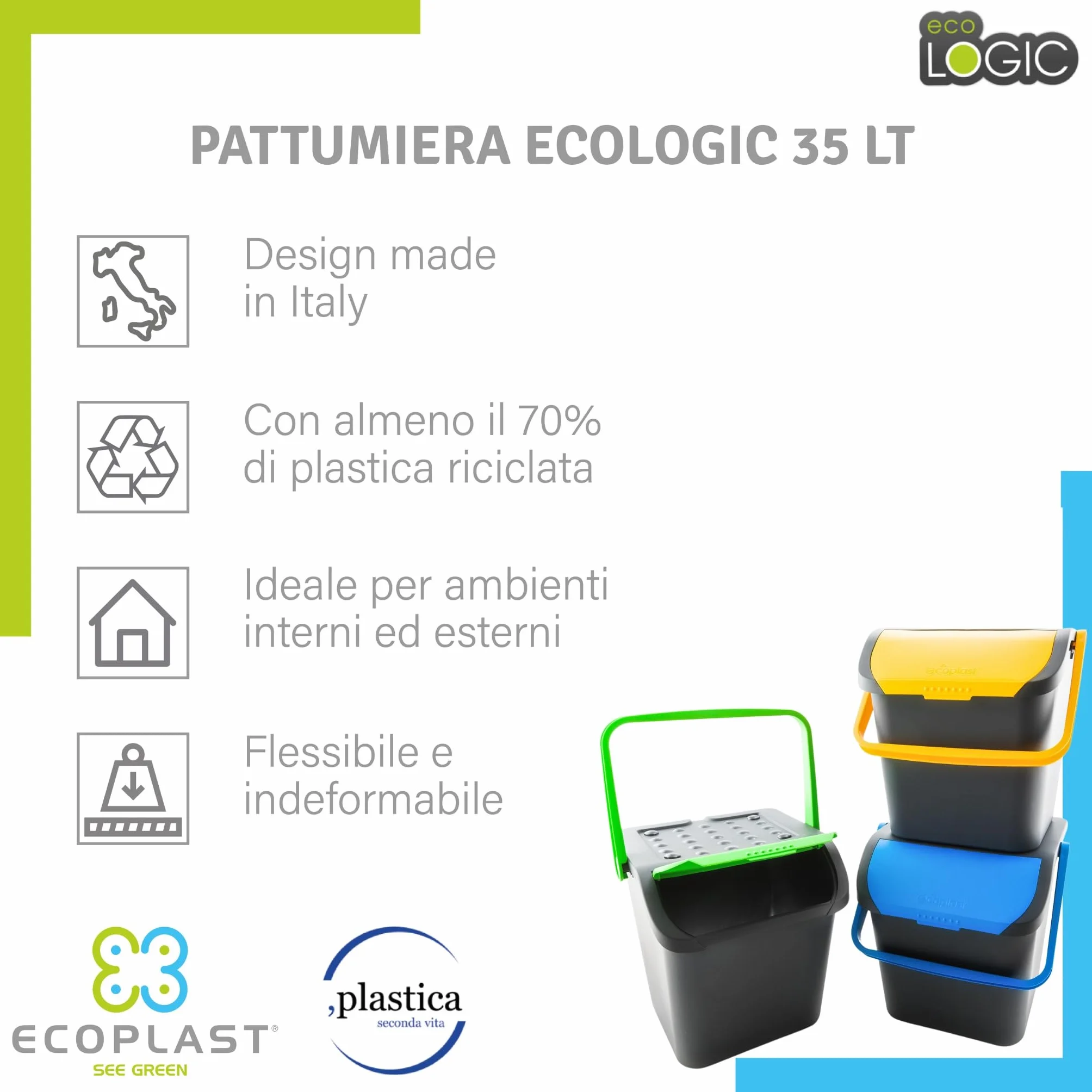 Ecoplast | Tris di Pattumiere per Raccolta Differenziata 35 Lt, Colori Assortiti Giallo/Verde/Blu, 38x36,5x45 , Made in Italy