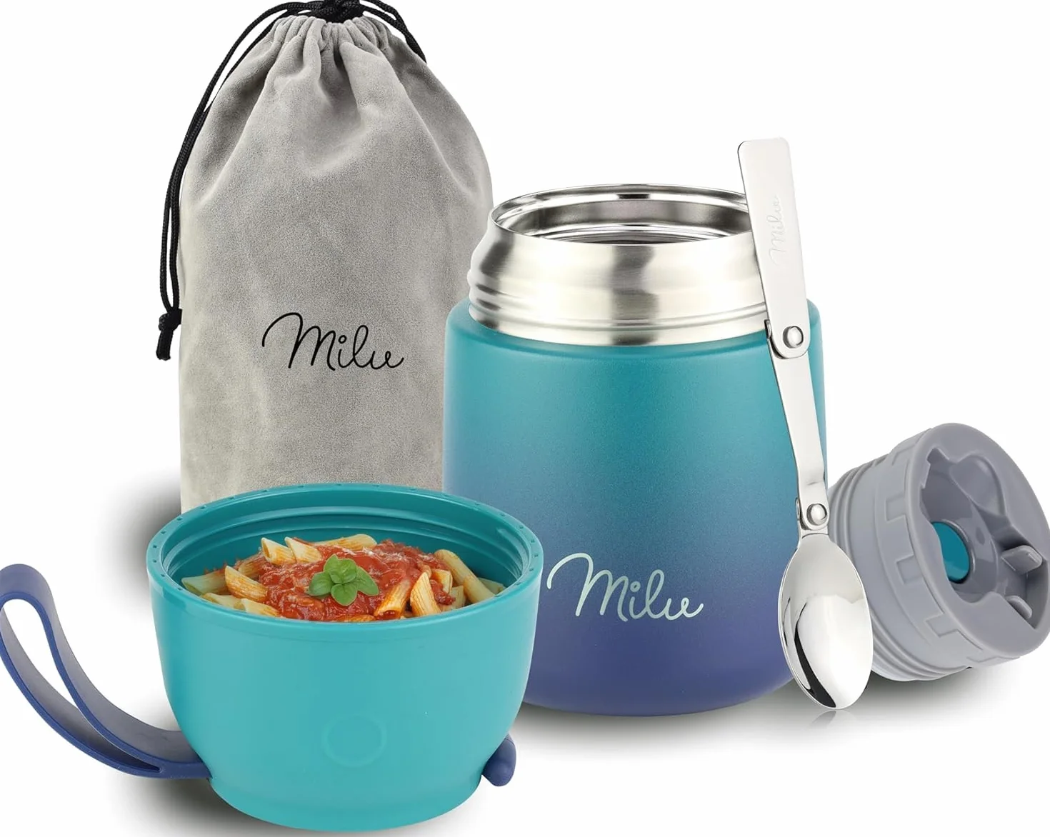 Milu Thermo per Alimenti 450 ml Contenitore Termico Acciaio Inossidabile Isotermico Sottovuoto Cibi Caldi Freddi Verde Blu