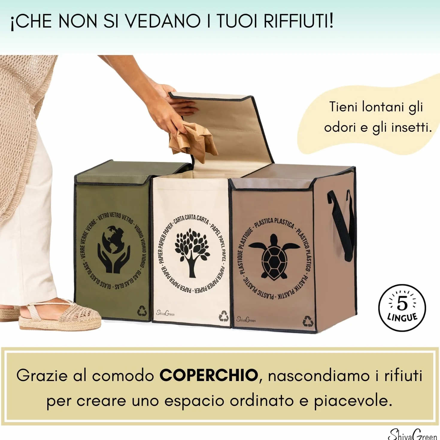 Borse Raccolta Differenziata Interno Esterno con Coperchio, Cestini Spazzatura Differenziata, Plastica, Carta, Vetro