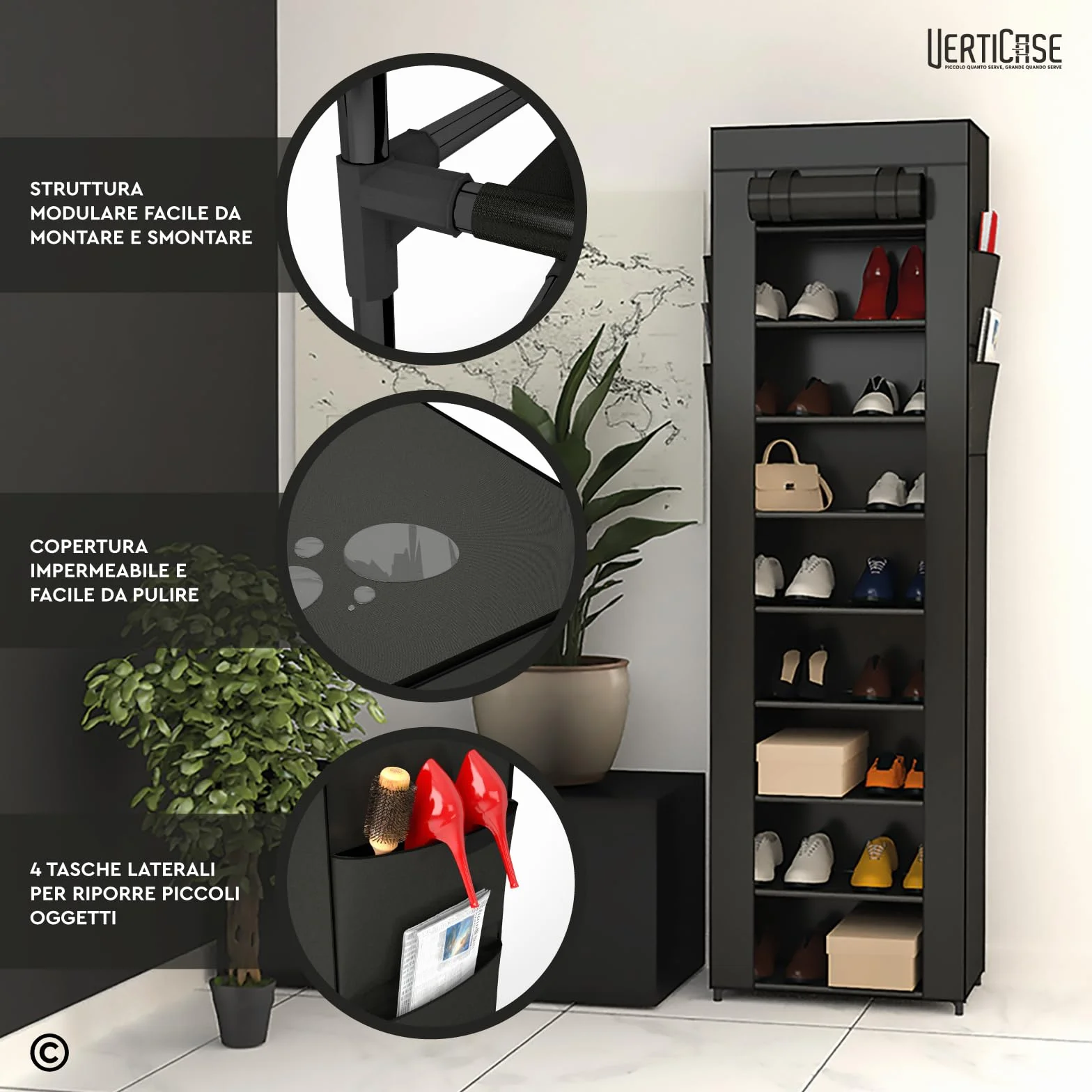 Scarpiera Slim Salvaspazio 10 Ripiani Tessuto Impermeabile Nera 45x175x28cm Scaffale Scarpe Verticale