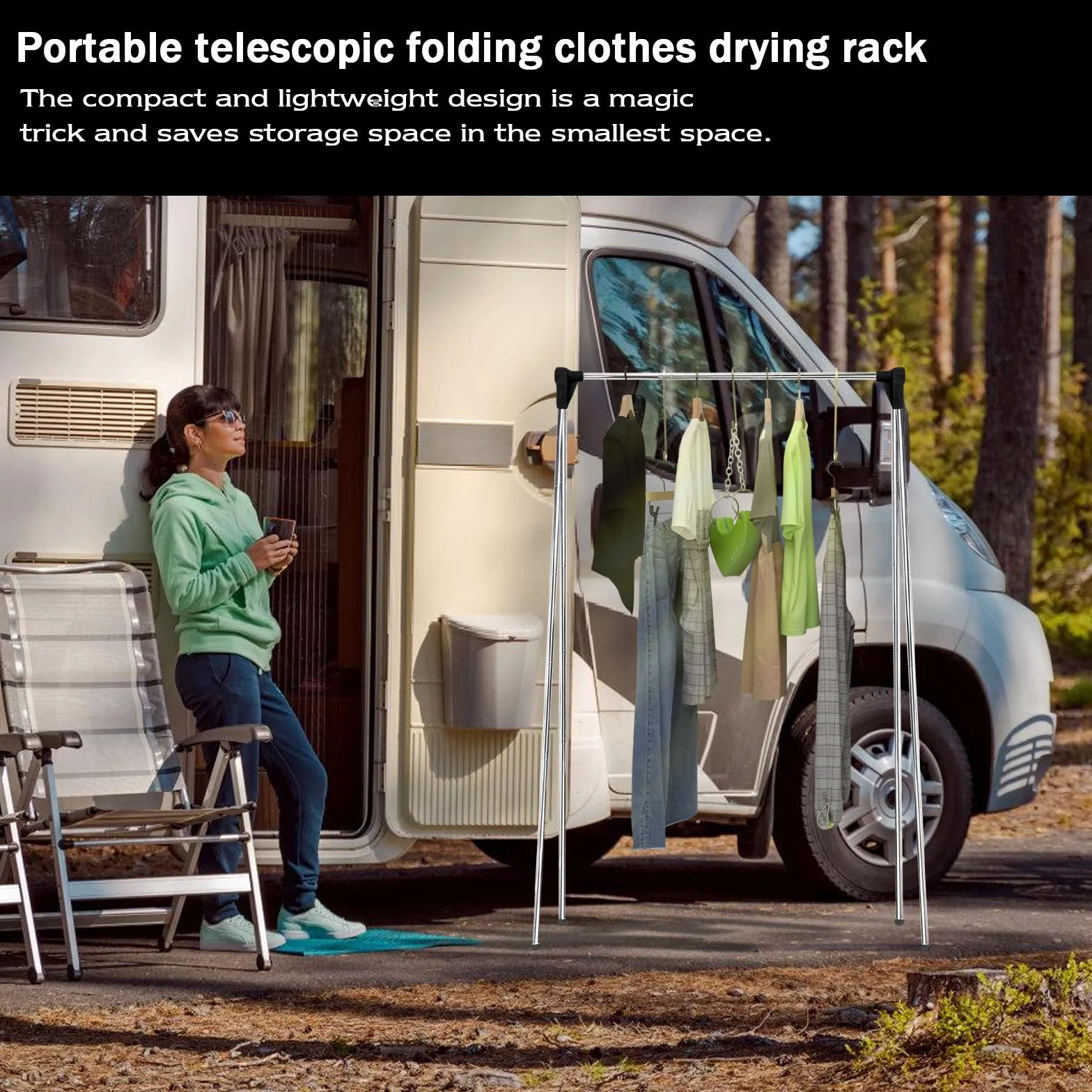 Appendiabiti pieghevole portatile: in acciaio inox, regolabile da viaggio, 32-73 cm, per viaggi, campeggio, escursioni, biancheria a casa, colore nero
