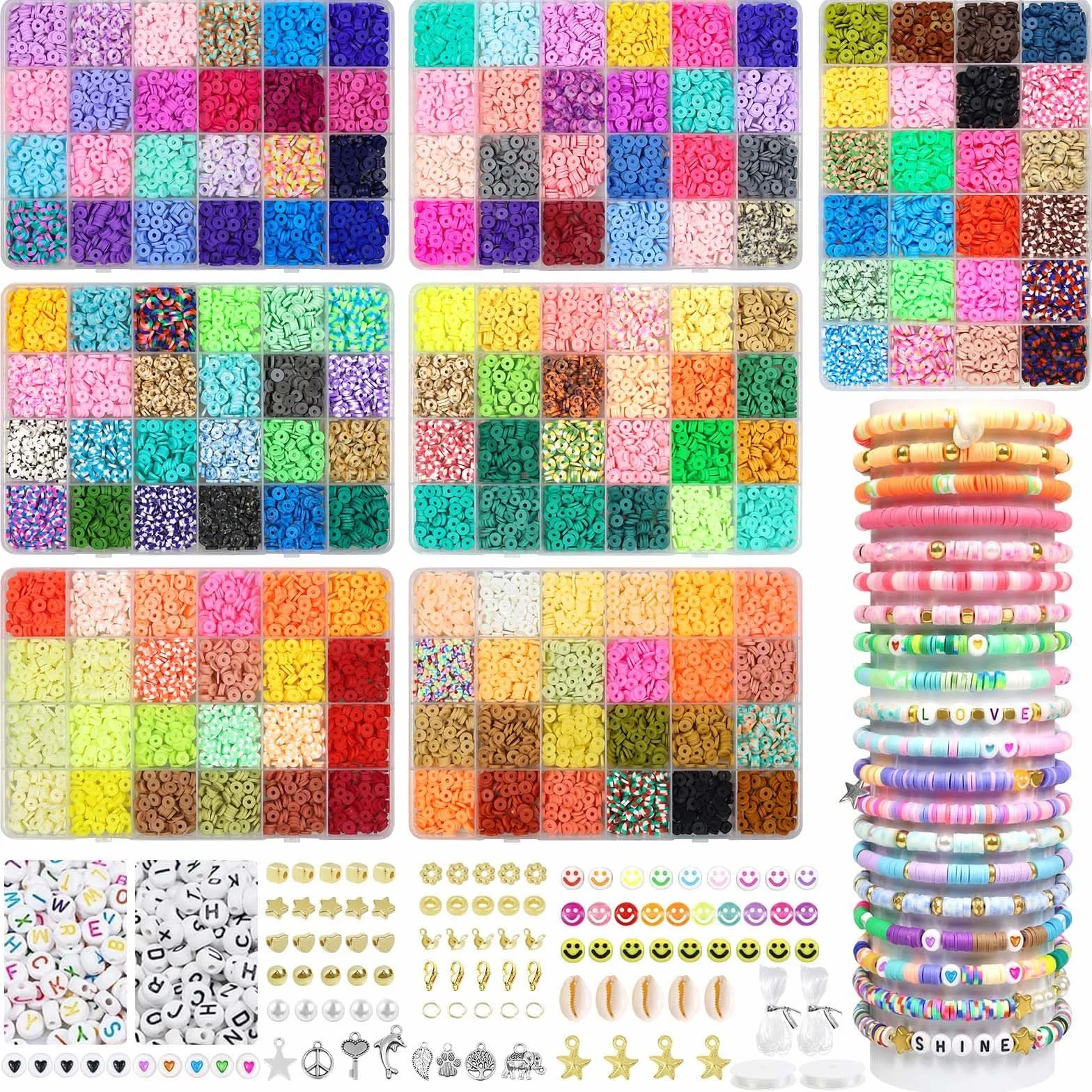 20860 Perline per Braccialetti, 168 Colori 6mm Piatte per Bigiotteria Fai Da Te, Argilla Polimerica Con Lettere per Gioielli Collane, Kit Braccialetti Colorate