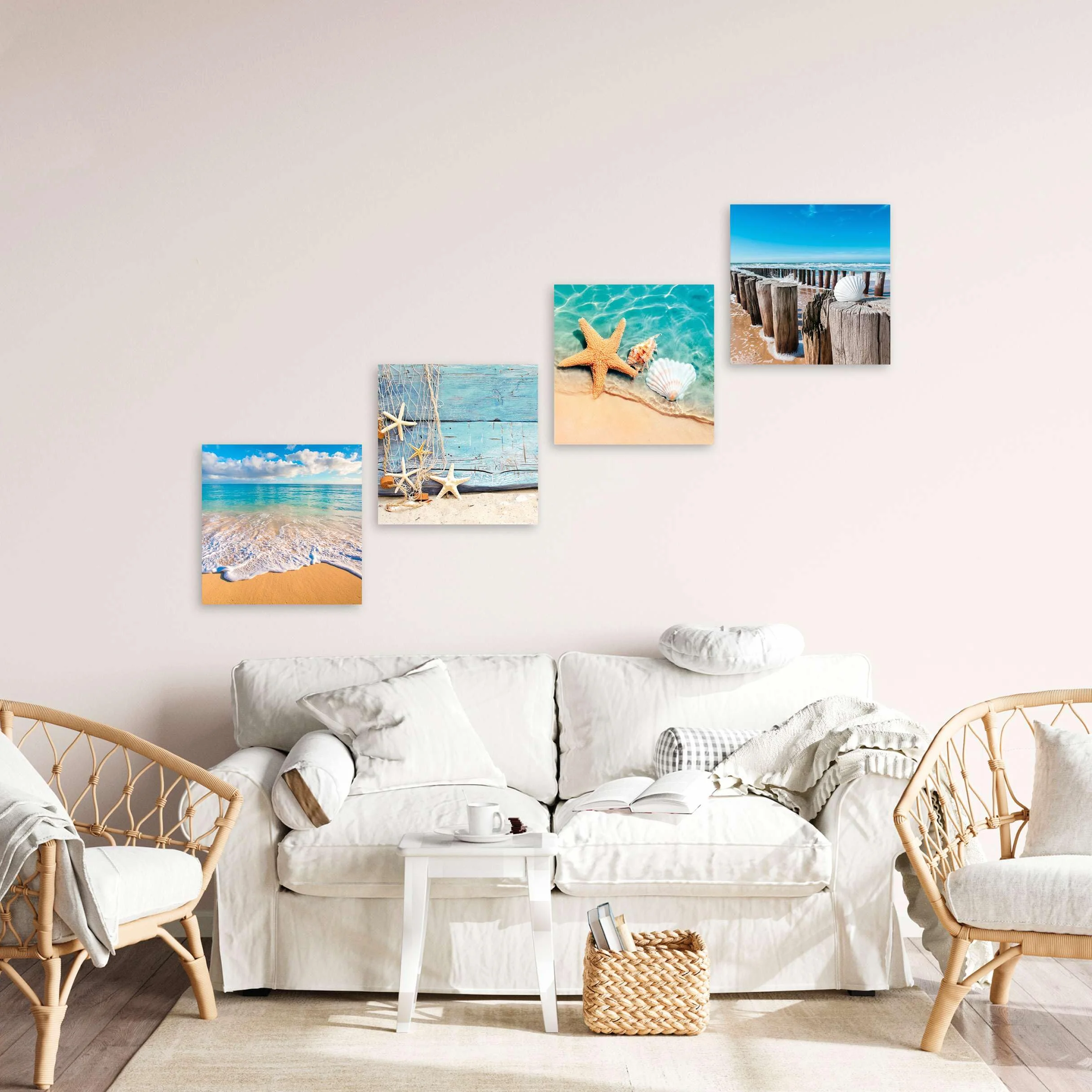 LuxHomeDecor Set di 4 Quadri 30x30 cm - Stampa su Tela con Telaio in Legno - Mare e Spiaggia con Conchiglie, Stelle Marine e Paesaggi Marini Rilassanti