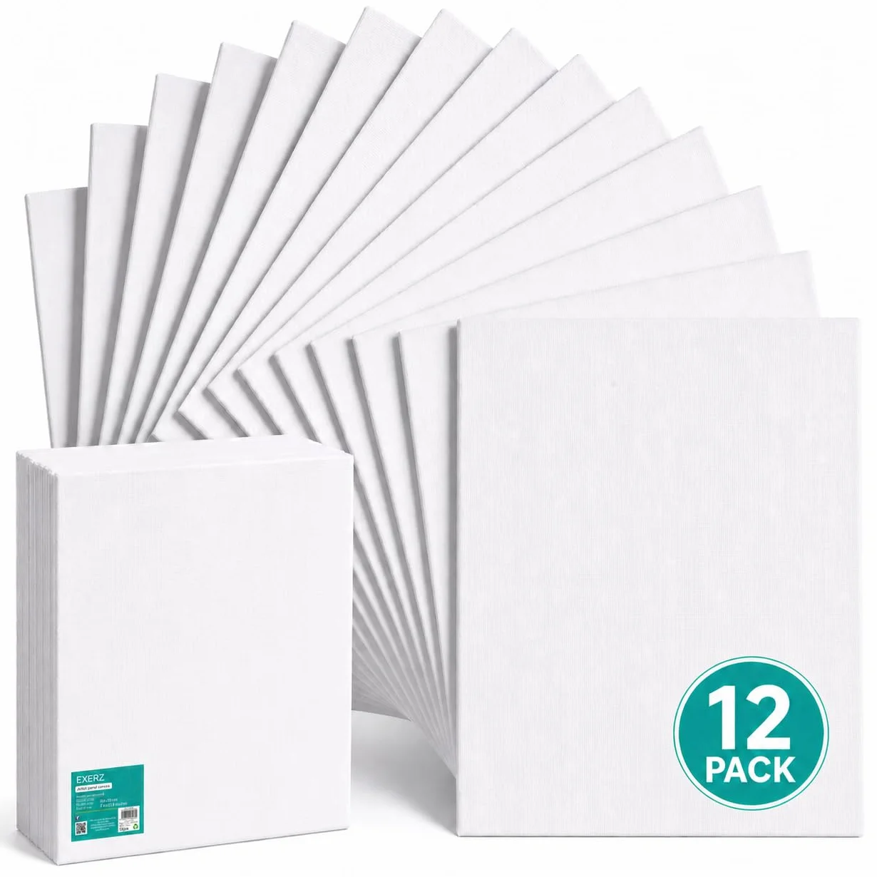 Exerz Pannelli in Tela 24x30 cm 12pz, Spessore 3 mm, 100% Cotone, 280g/m², Tripla Preparazione, Senza Acidi, Grana Media, per Pittura a Olio e Acrilico