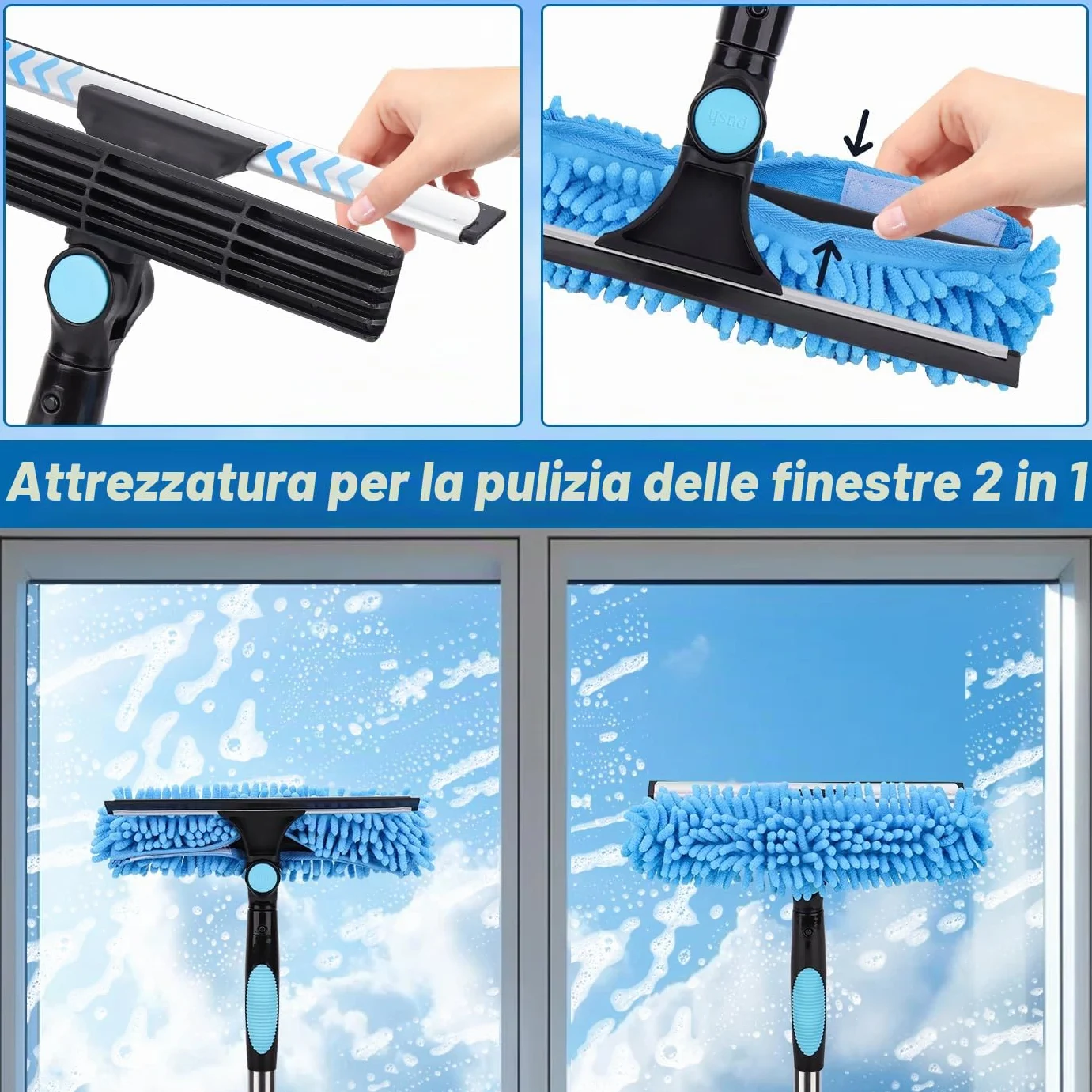 4.3m Pulitore per finestre estensibile, attrezzatura per la pulizia dei vetri delle finestre 2 in 1, strumento telescopico lungo per la pulizia dei vetri delle auto con 2 panni in microfibra e lama