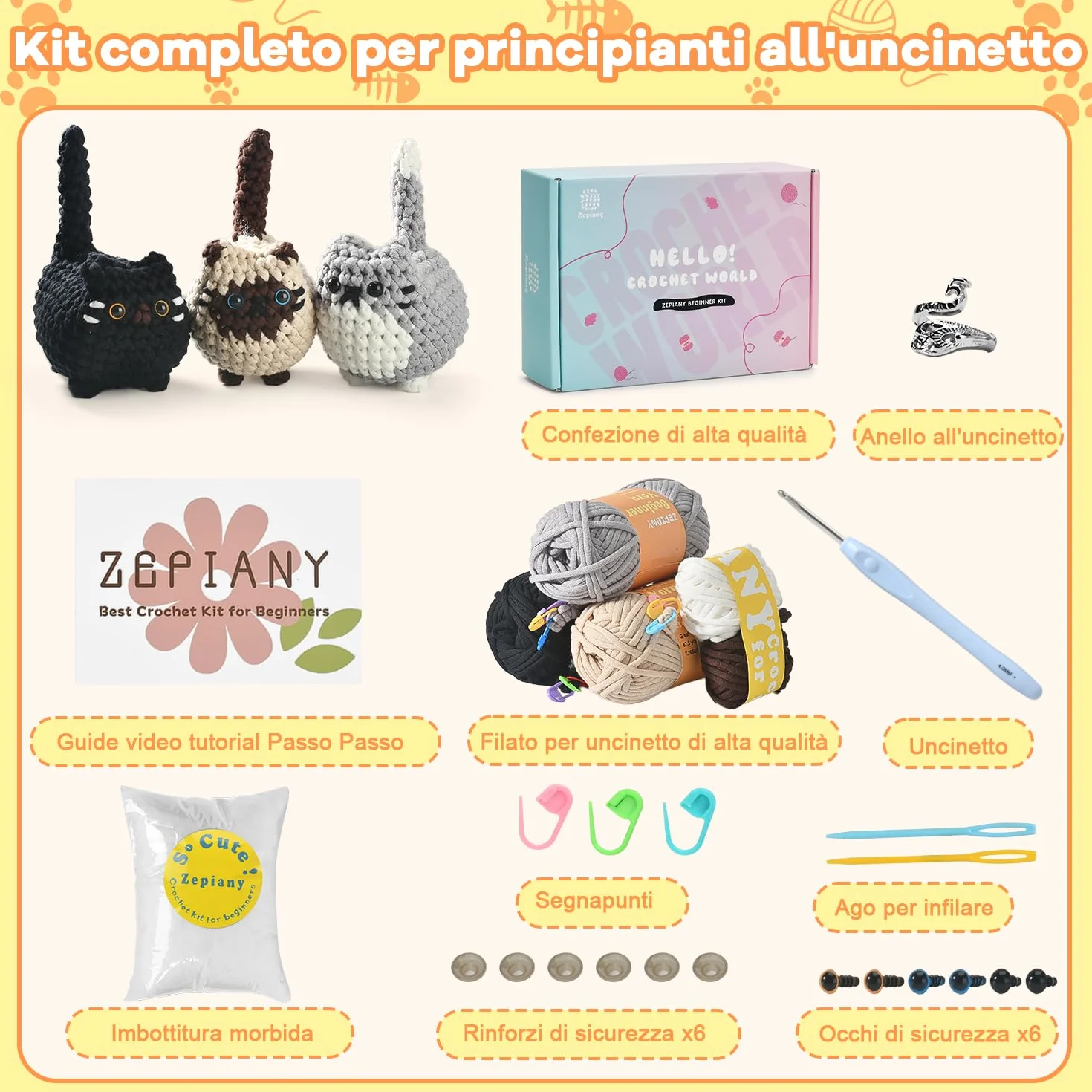 Kit Uncinetto Principianti TranquilHome Three Little Kittens Adulti Imparare Uncinetto Include Video Tutorial Italiano Amigurumi