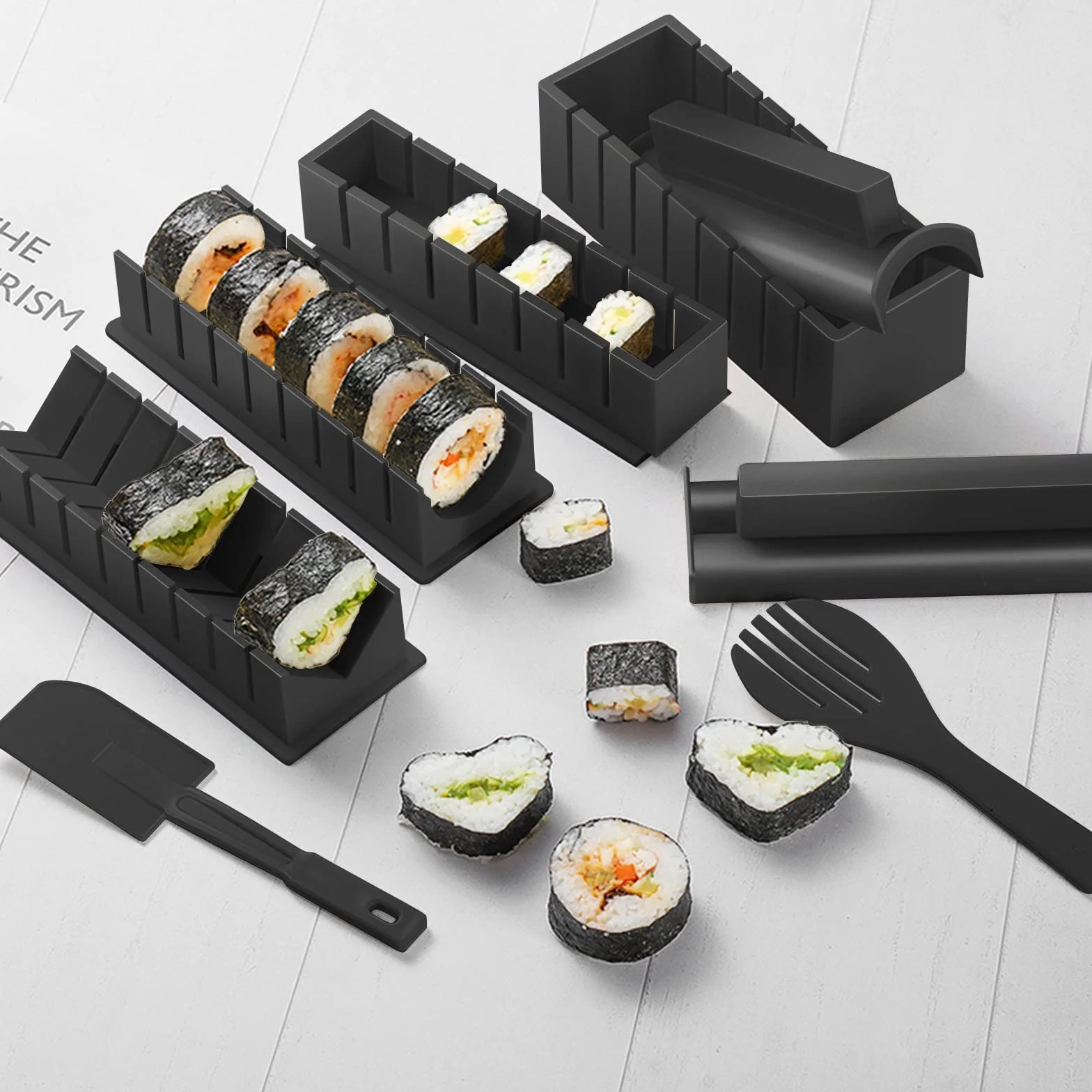 Kit sushi set 20 pezzi, adatto ai principianti da preparare da soli, con stampo per polpette di riso, coltello, tappetino per rotolare, bacchette, set completo Piatti da sushi (Nero)