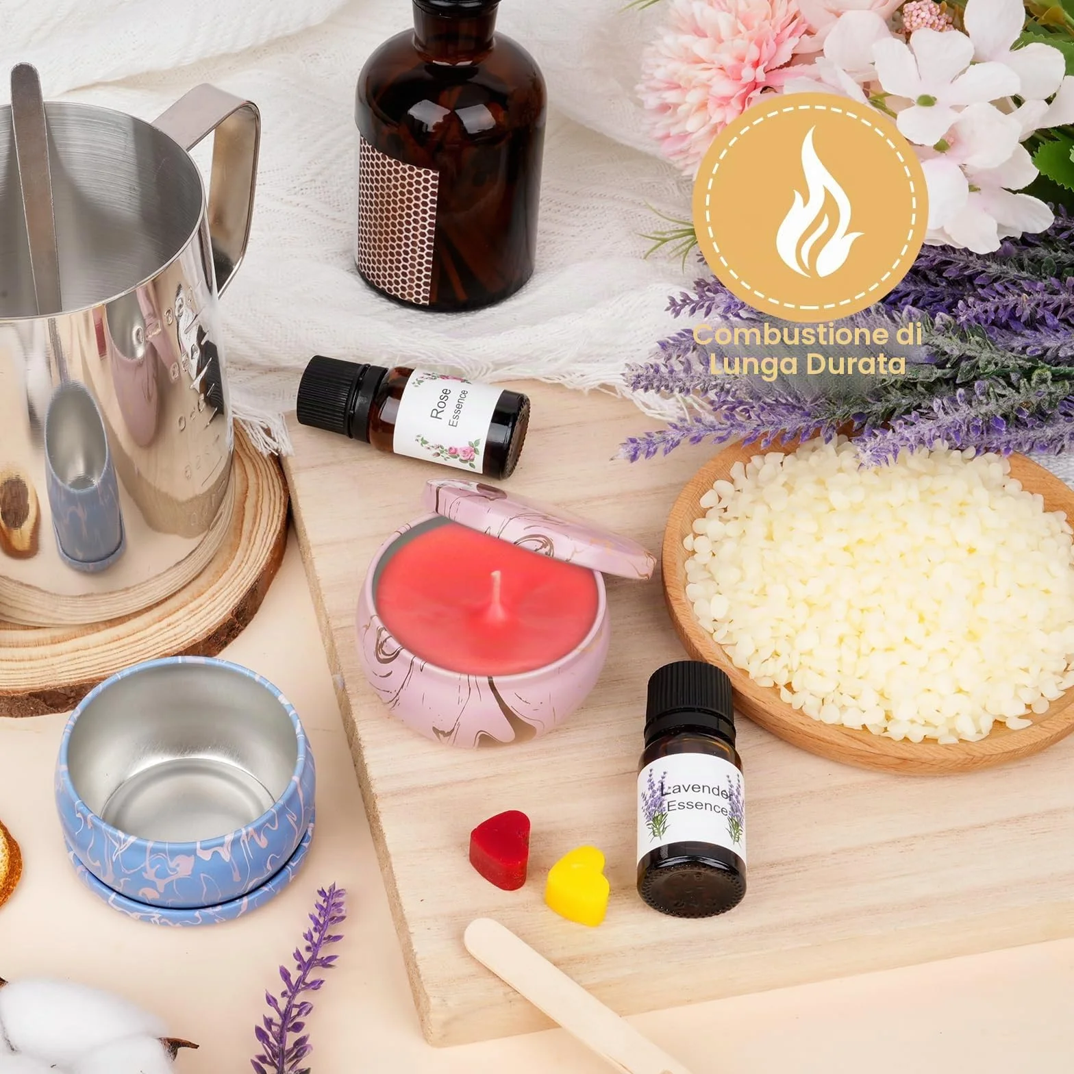 Set di Candele Fai da Te, Kit per Adulti, Cera di Soia 480g, 9 Barattoli, 6 Oli Profumati, 8 Blocchi di Colore, Regalo per Principianti