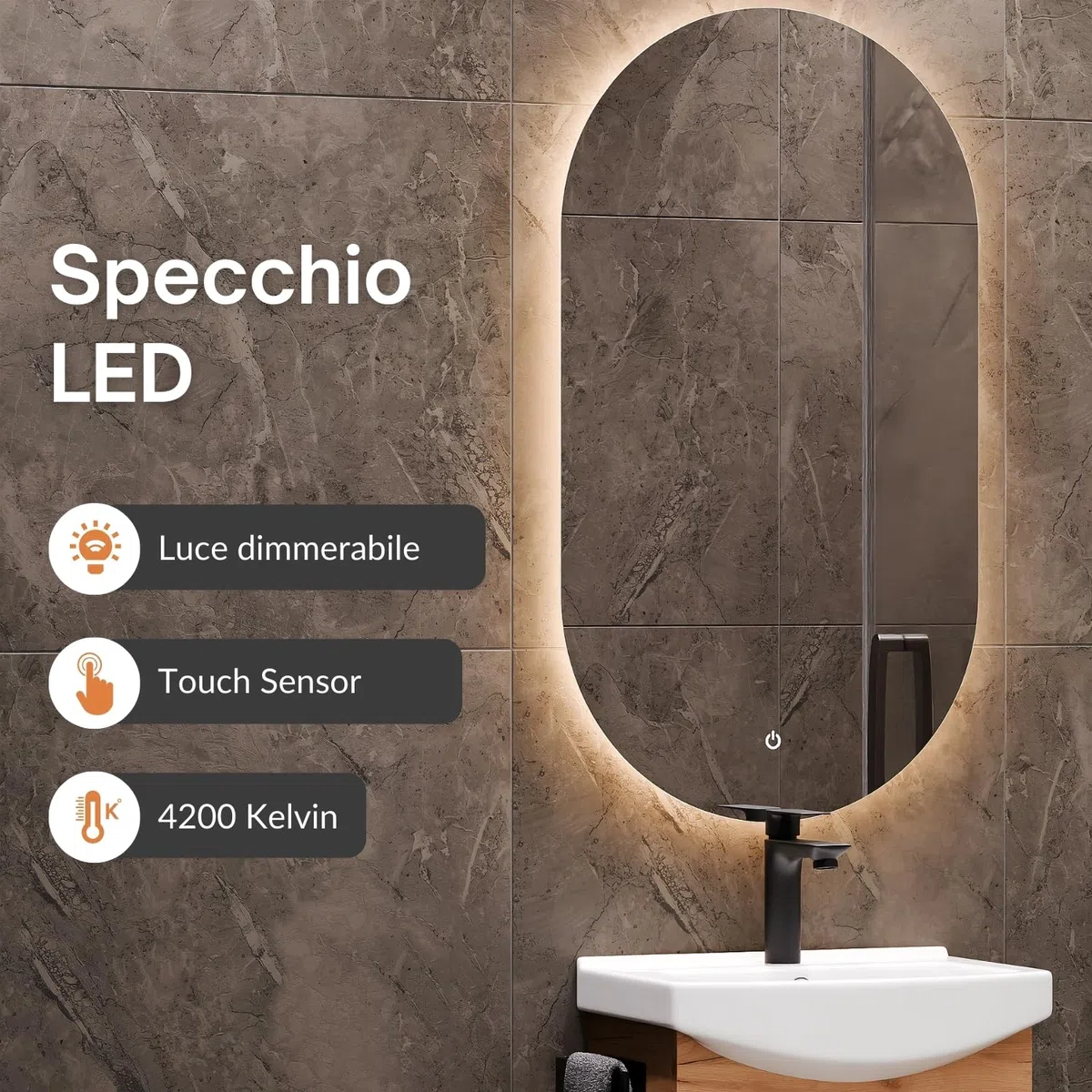 Planetmöbel Set di mobili da bagno lavabo con mobiletto 45 x 60 x 33 cm, specchio con illuminazione 50 x 90 cm per WC ospiti, rovere oro