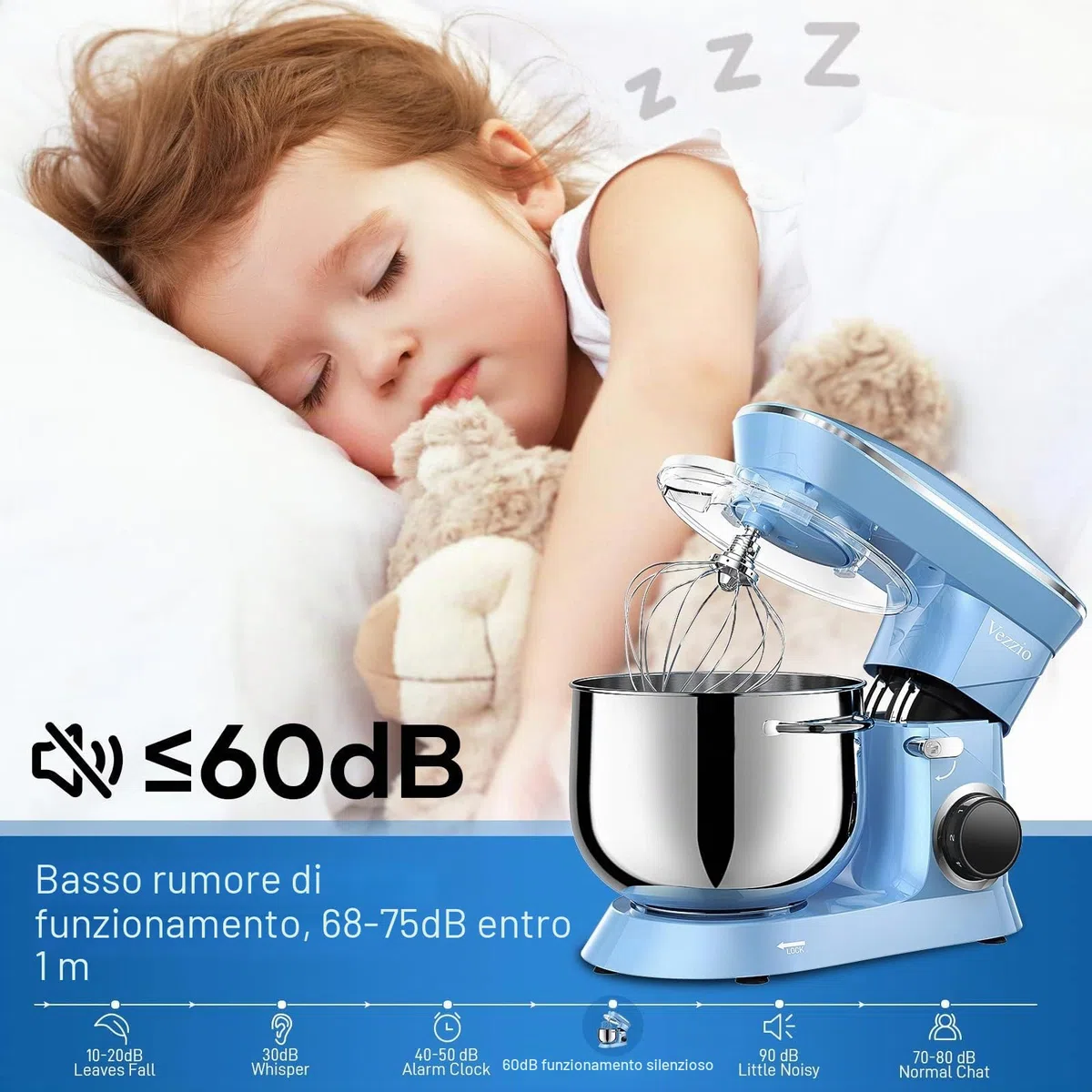 Vezzio Impastatrice Planetaria Impastatrice Elettrico 8.5 Litri Robot da Cucina Multifunzione 6 Velocità Include ciotola in acciaio inossidabile, frusta, gancio per impastare (Blue)