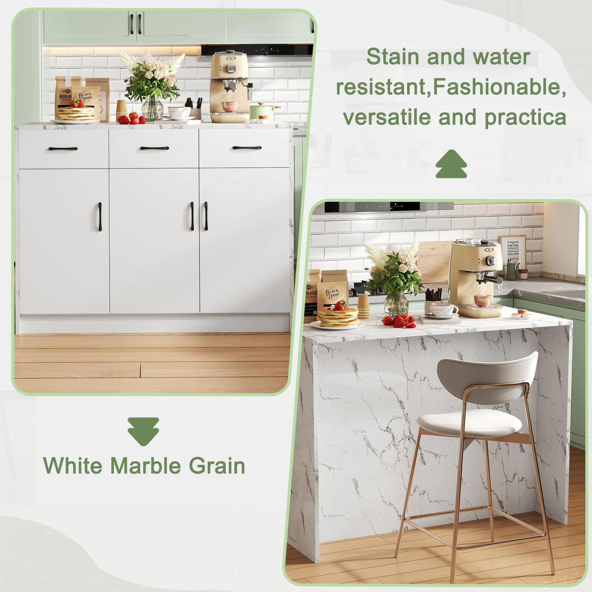 Grande isola da cucina 120 x 60 x 90,5 cm, 3 cassetti e 3 ante, design in marmo bianco, ripiani regolabili, cassetti silenziosi, design zona bar - Utensili da cucina eleganti e pratici