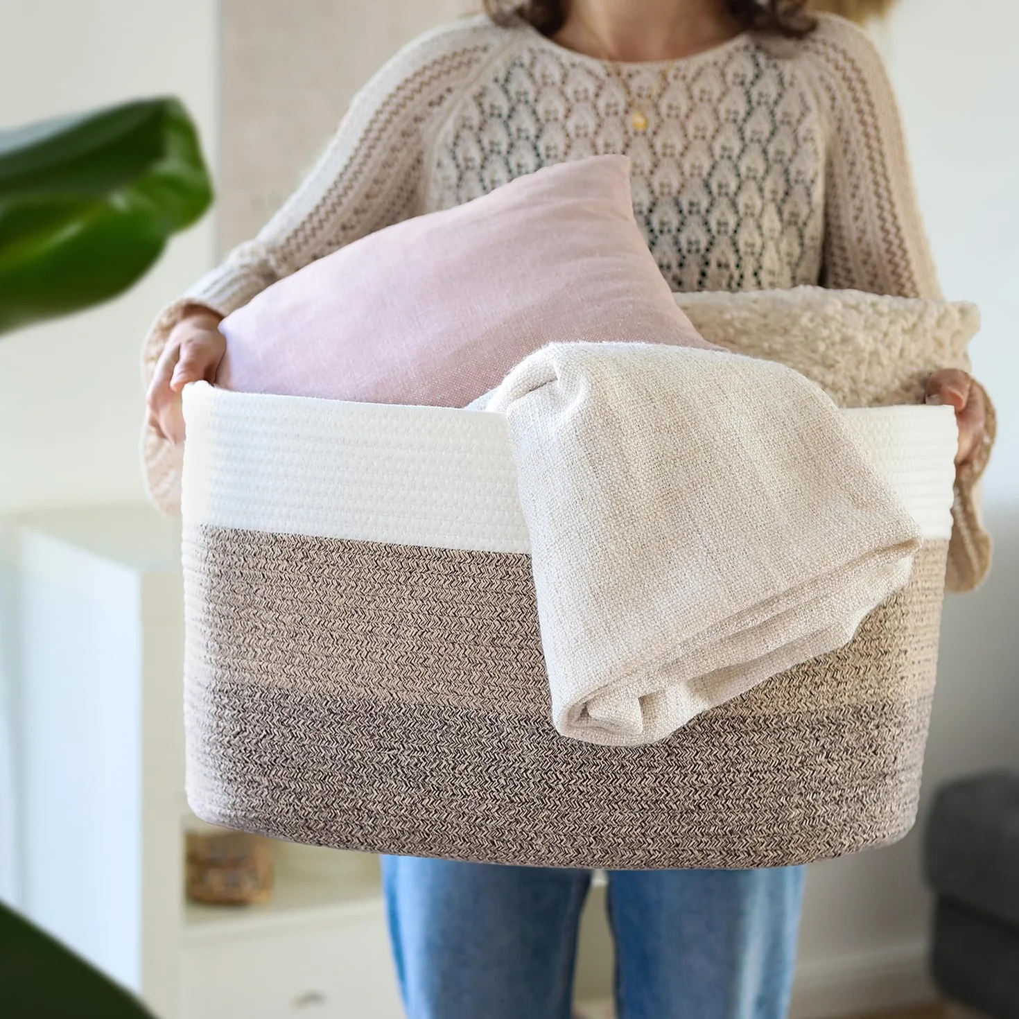 Cesto portabiancheria in cotone angolare con manici 55 x 43 x 30 cm Bianco-Marrone
