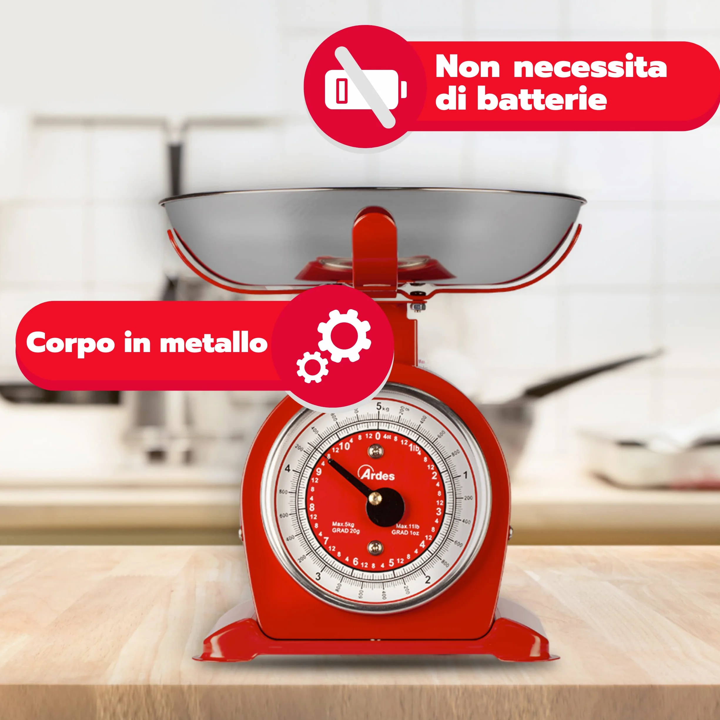 Ardes AR1PA3M Bascula Bilancia da Cucina Meccanica Vintage Style, Ciotola Removibile Acciaio Inox, 5 kg, Rossa
