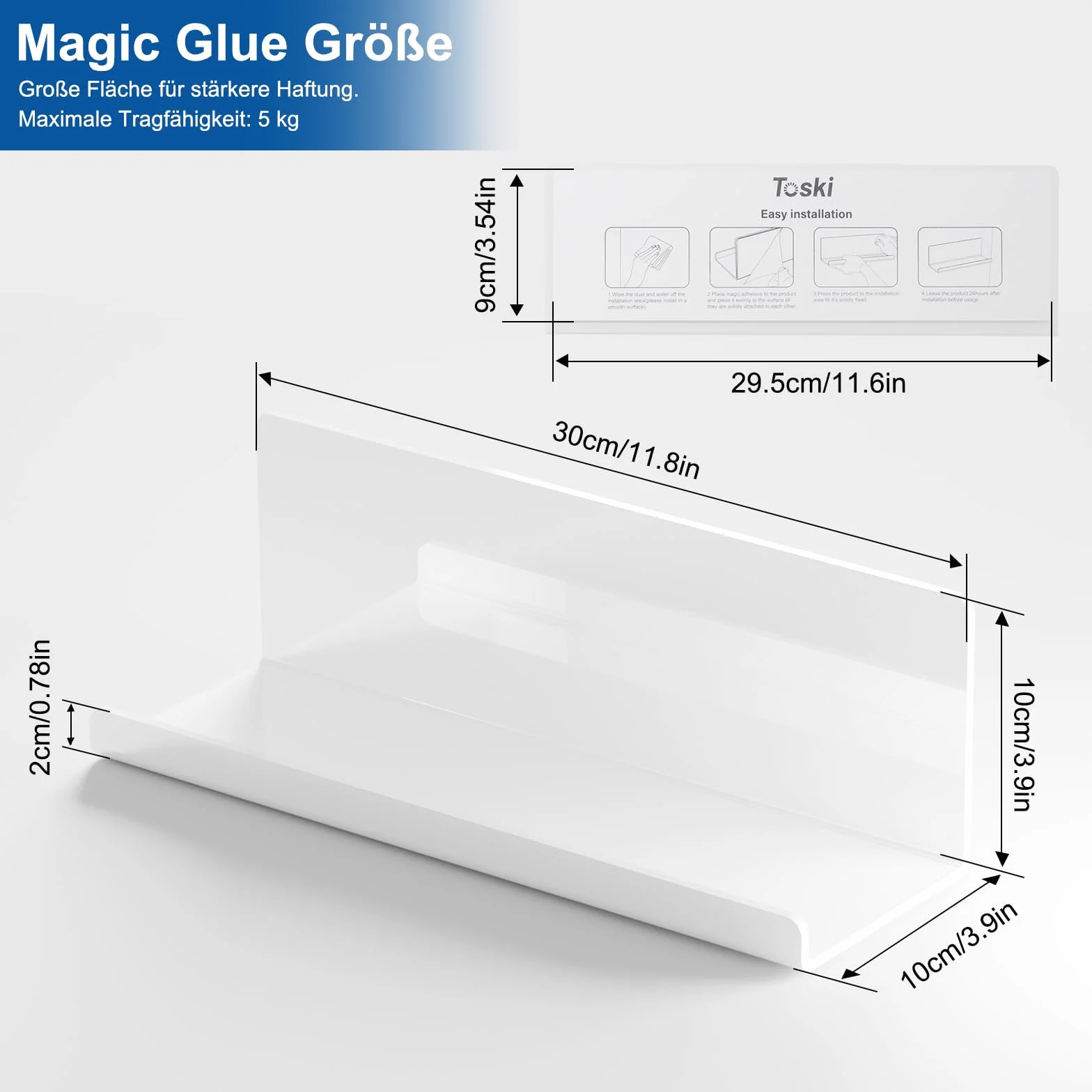 Toski Mensole Senza Foratura in Acrilico 2 Pezzi, L30 x P10 cm, Bianco per Bagno Cucina Salotto