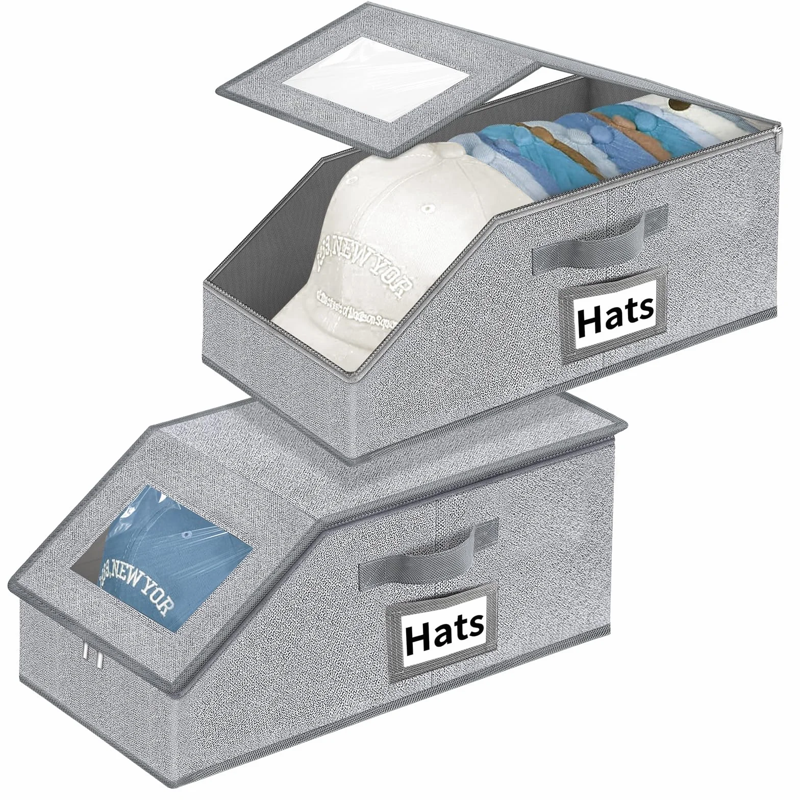Organizer per cappelli da baseball, 2 pezzi, impilabili, con coperchio trasparente, cassetto e accesso flip-top, scatola per cappelli salvaspazio per armadio, tessuto traspirante, beige