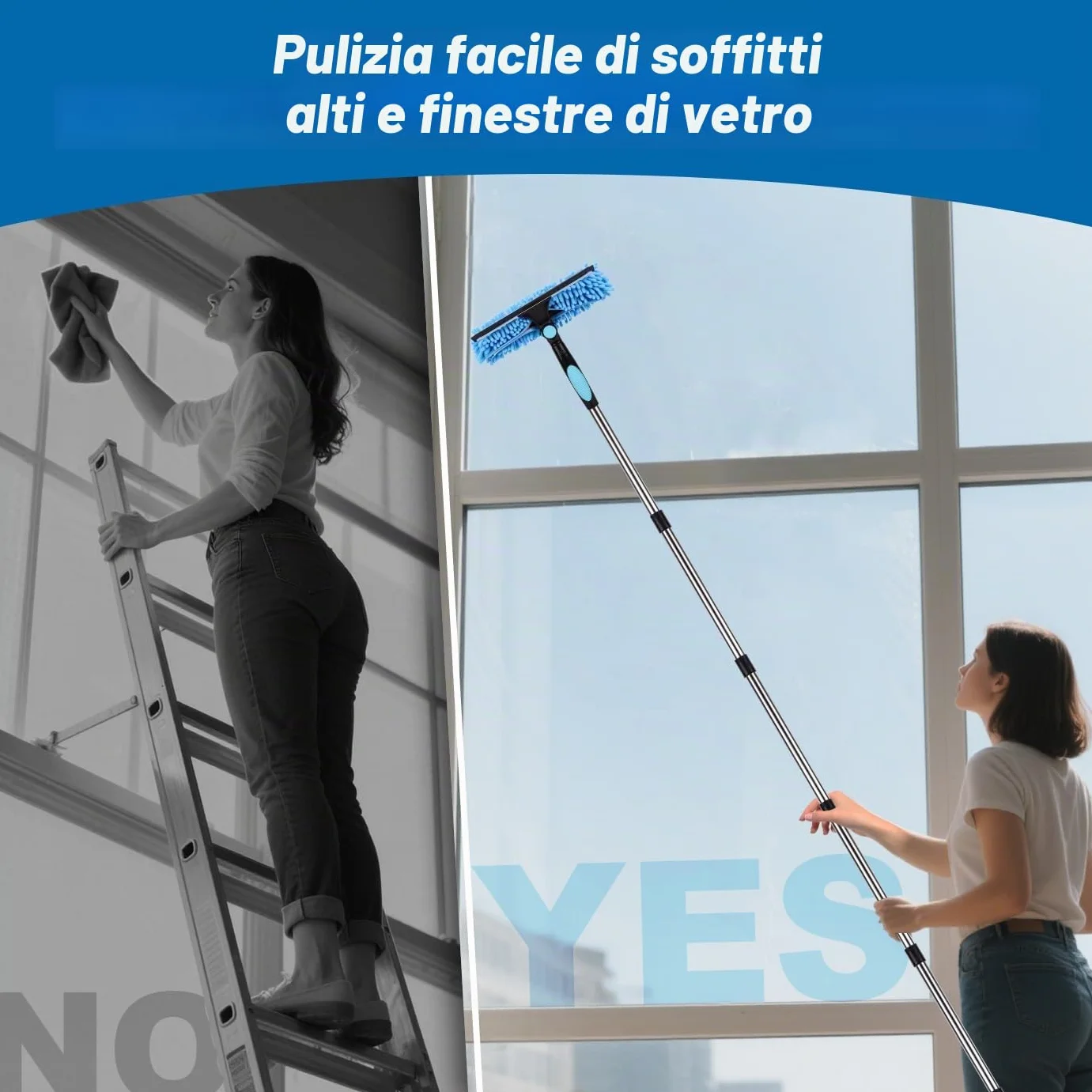 4.3m Pulitore per finestre estensibile, attrezzatura per la pulizia dei vetri delle finestre 2 in 1, strumento telescopico lungo per la pulizia dei vetri delle auto con 2 panni in microfibra e lama